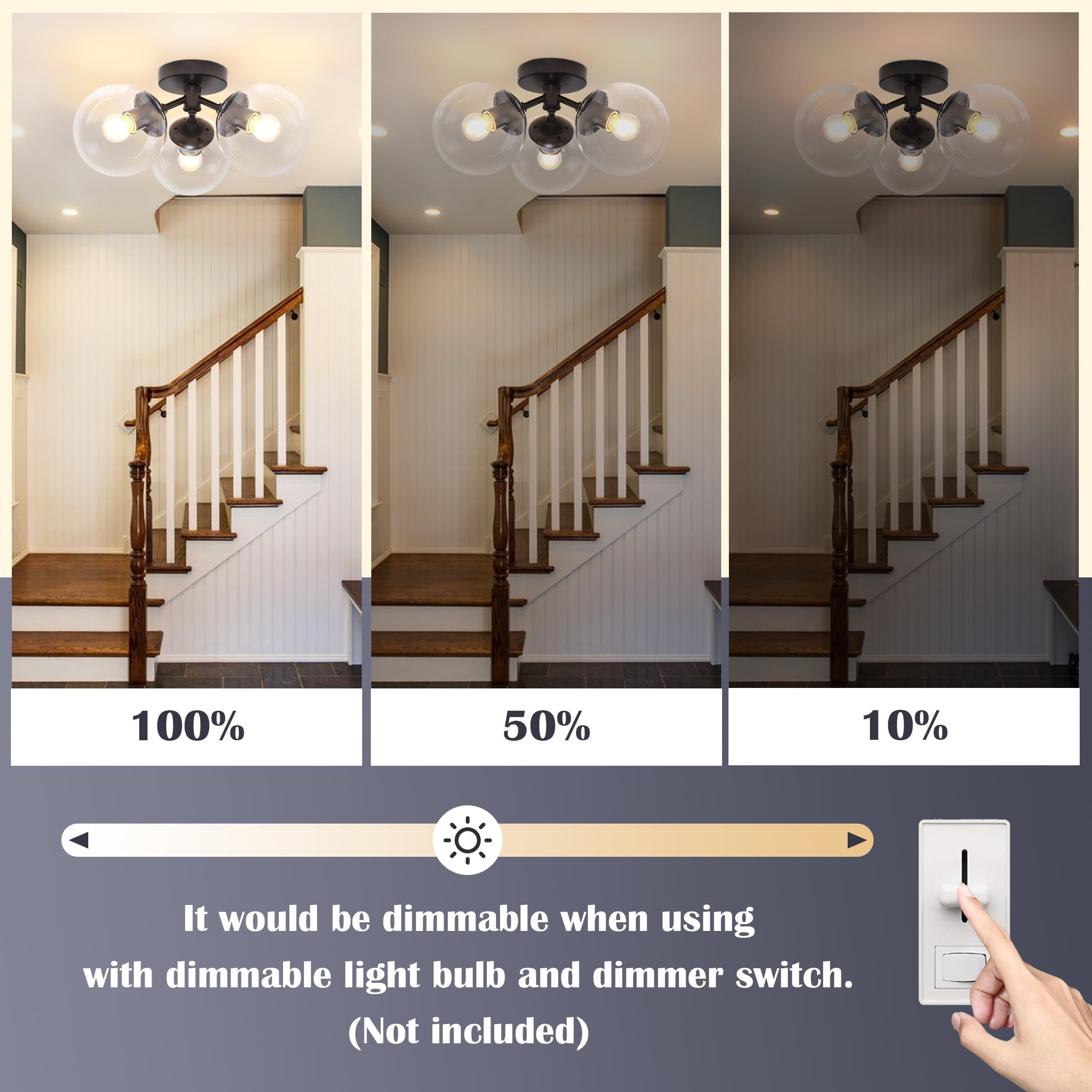Bagood 3-Light Modern Black Semi Flush Mount Ceiling Light Clear Glass Globe Ceiling Lights Mid Century Black Chandelier 3 Light