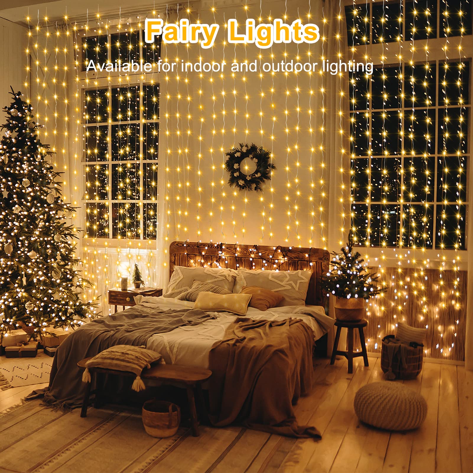 Lumbelle Fairy Curtain Lights Warm White Led Curtain Lights Usb Powered 8 Modes Hooks Outdoor Curtain String Lights Waterproof F