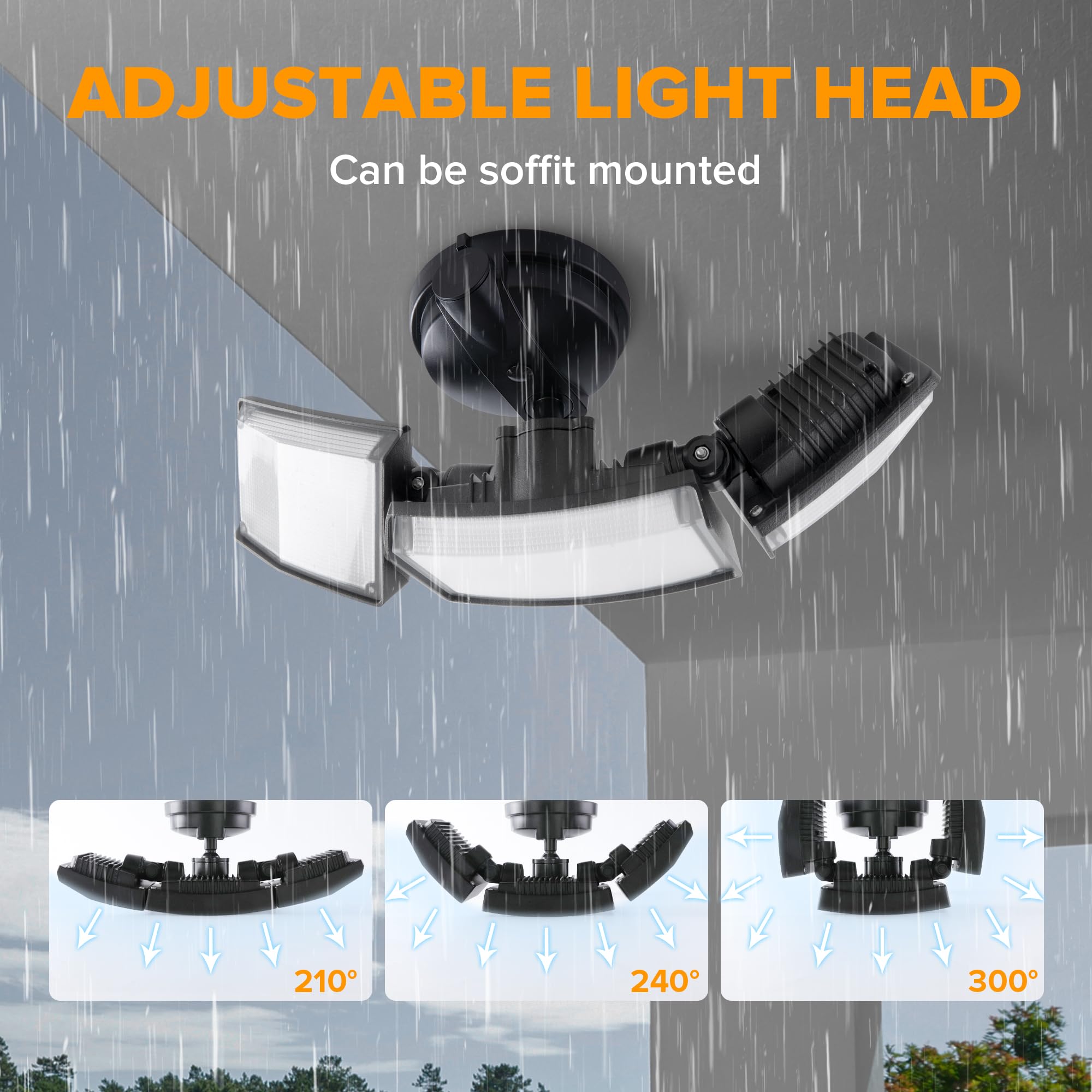 LUTEC 75W Outdoor LED Flood Light, 8000 Lumen, 3 Adjustable Heads, 5000K Daylight, IP65 Waterproof, Black