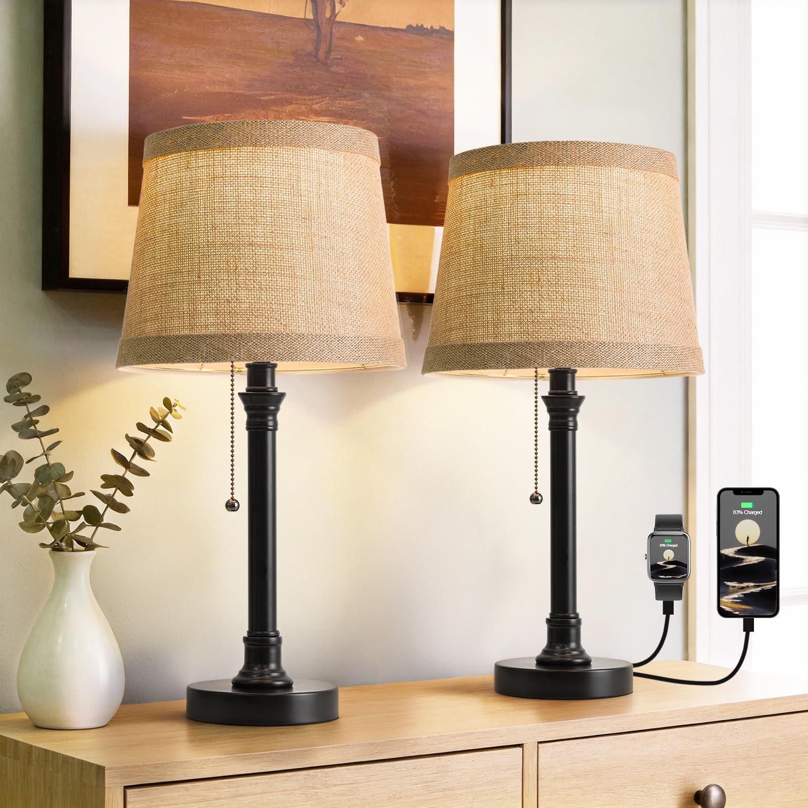 Oneach 19.5 Black Table Lamp Set of 2  Small Bedside Table Lamps with Unique Natural Shade  Pull Chain Switch  USB A+C Charging Ports  Rustic Nightstand Lamps for Living Room  Bedroom  Nursery