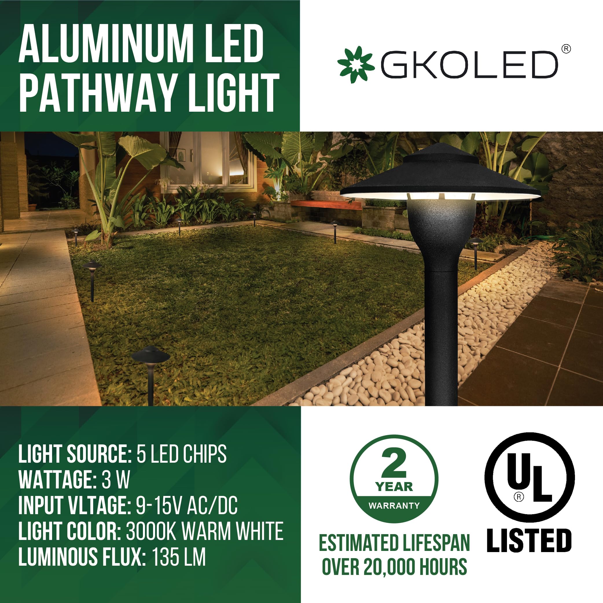 Gkoled 6-Pack Aluminum Pathway Lights, Low Voltage Led Landscape Path Light, 9-15V Ac/Dc Outdoor Walkway Lighting With 3W 3000K