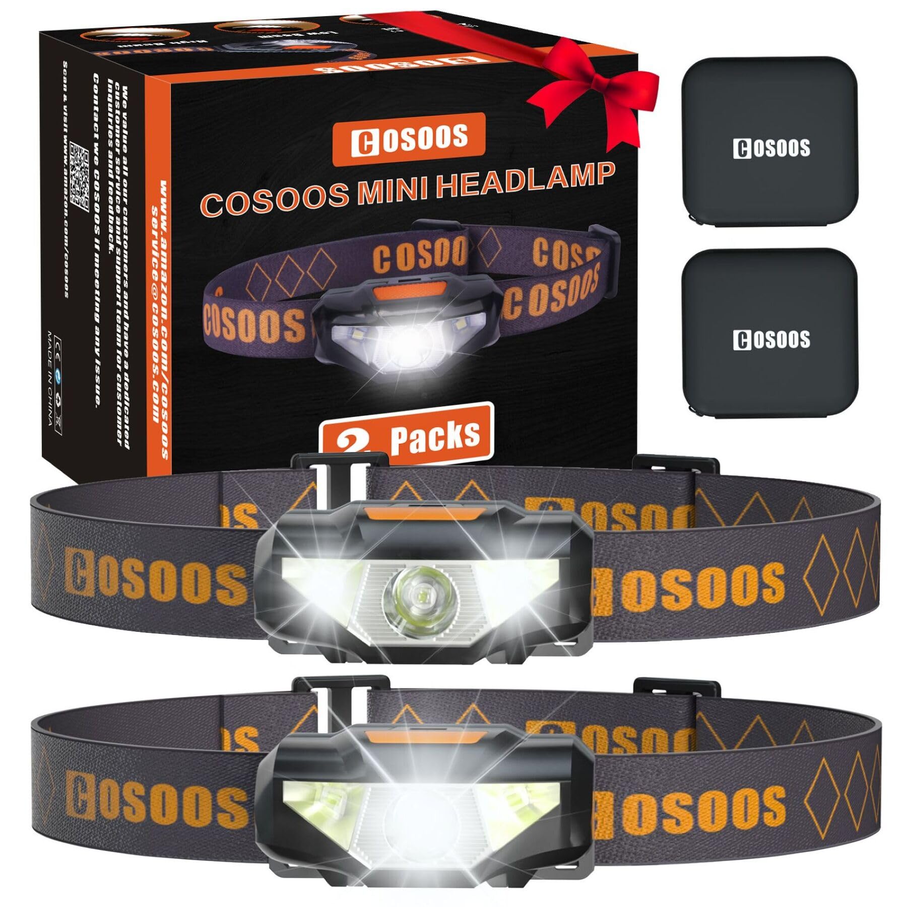 COSOOS 2-Pack Mini LED Headlamps, Waterproof, Lightweight 1.6oz, Ideal for Running, Camping, Night Jogging, Portable Cases Included