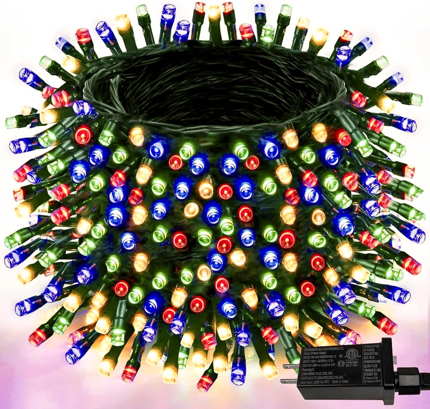 YIQU 800 LED Christmas Lights, Multicolor, Waterproof, Green Wire, 8 Modes, Timer, Model GP-SW290DC0310-IP44