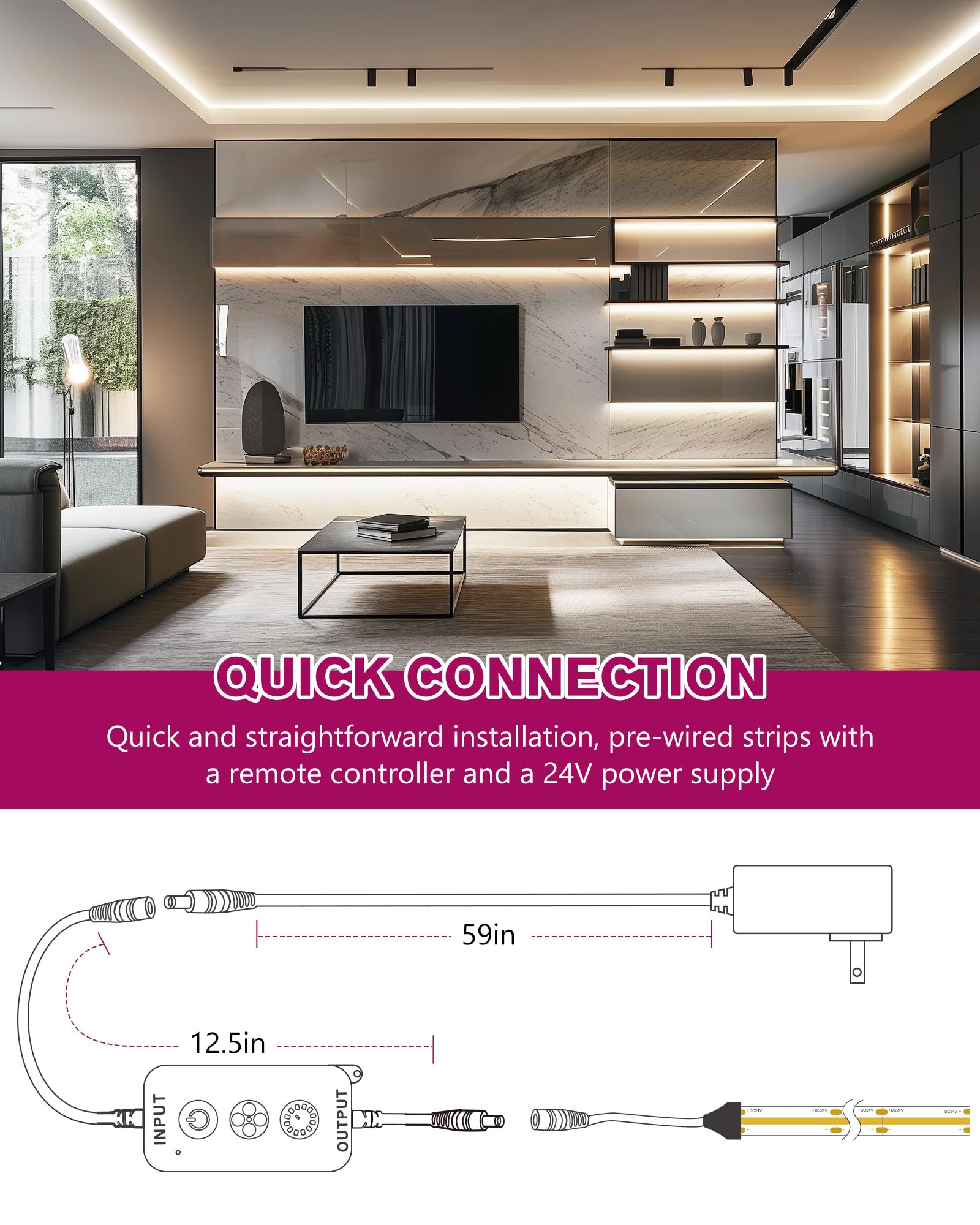 EMITEVER COB LED Strip Lights Kit, 16.4ft Dimmable 4000K, 2400 LEDs, Model FN-FC-480-24, Remote & 24V