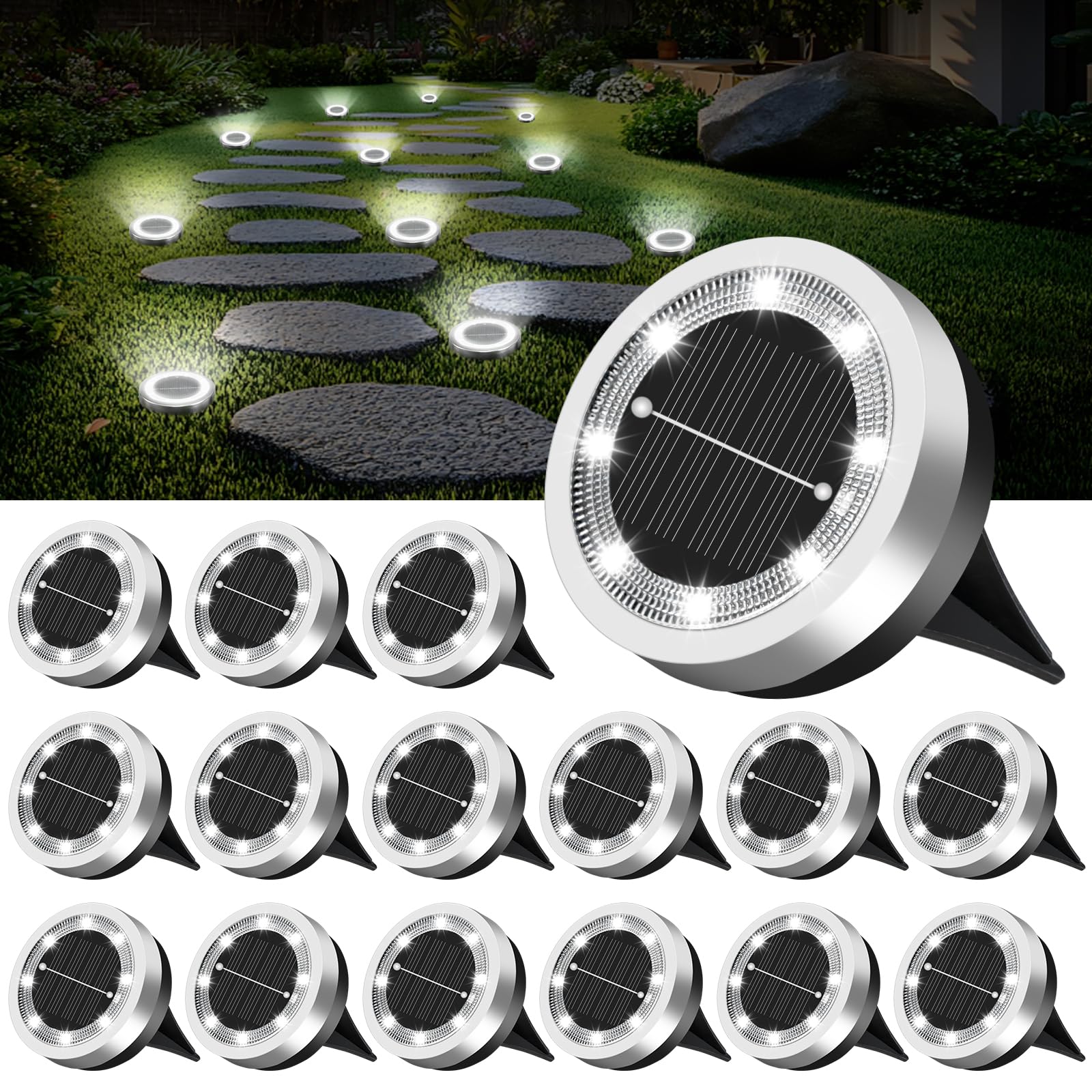 SenLuKit Mini Solar Ground Lights 16 Pack Outdoor IP65 Waterproof Solar Flat Garden Light Solor Powered Disc Pathway Lights for 