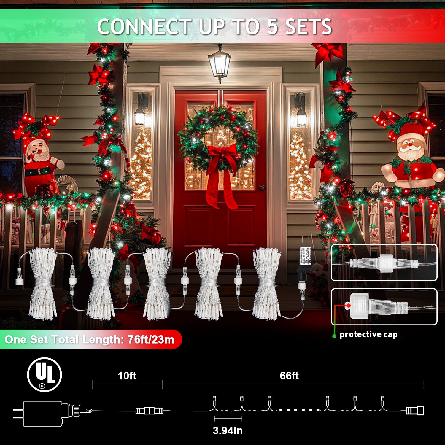 Led Christmas Lights Outdoor Waterproof - 200 Red White And Green String Lights Indoor Clear Wire - 8 Modes 66Ft Extendable Fair