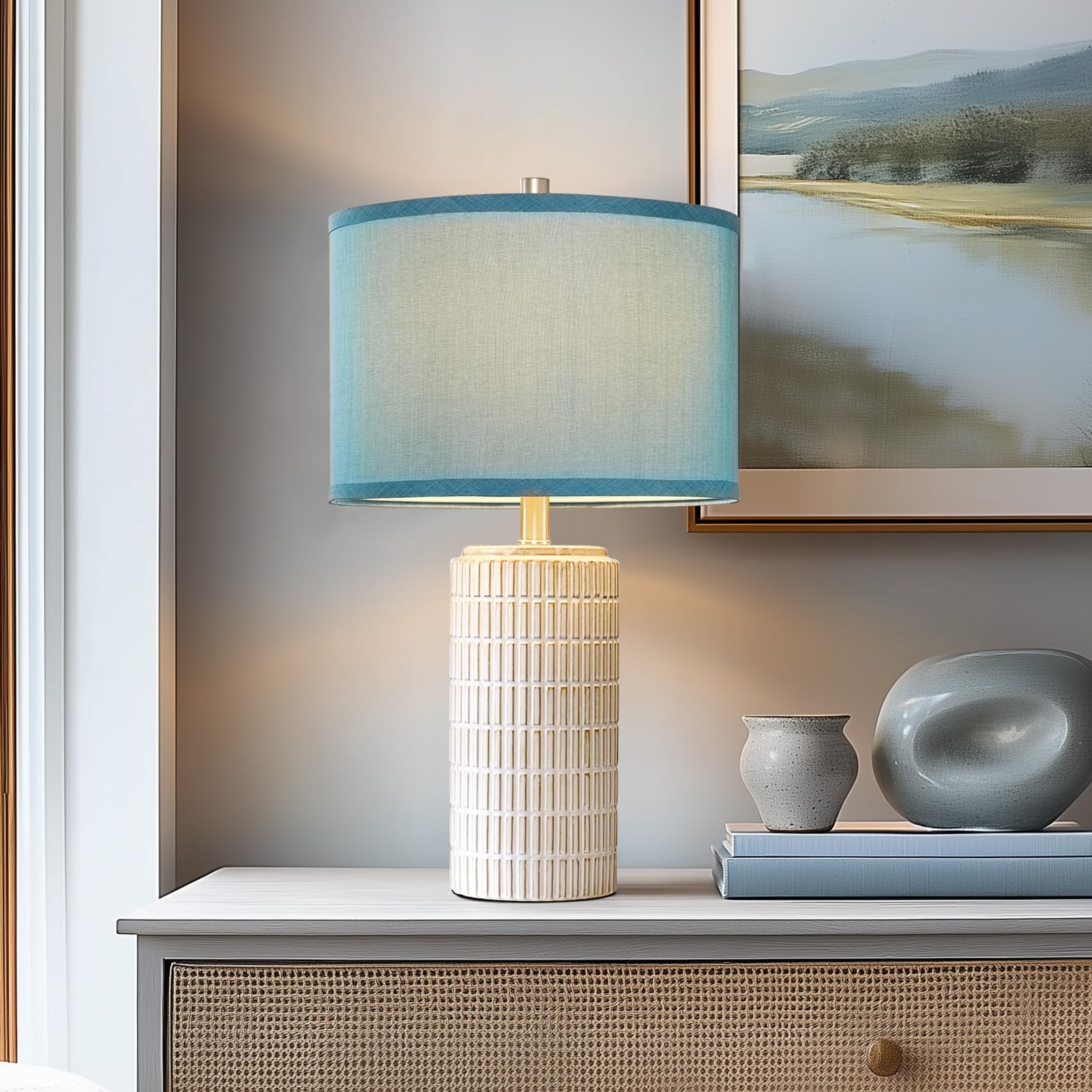 Aieampdo 23'' Modern Ceramic Nightstand Table Lamps Set Of 2, Nautical Lamps For Bedroom Bedside, Side Table Lamps For Living Ro