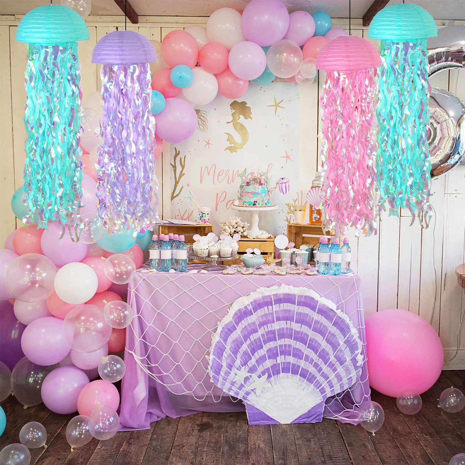 Adlkgg Hanging Jelly Fish Paper Lanterns, Pink Purple Blue Gradient Colorful Paper Lanterns For Mermaid Theme Birthday Party Und