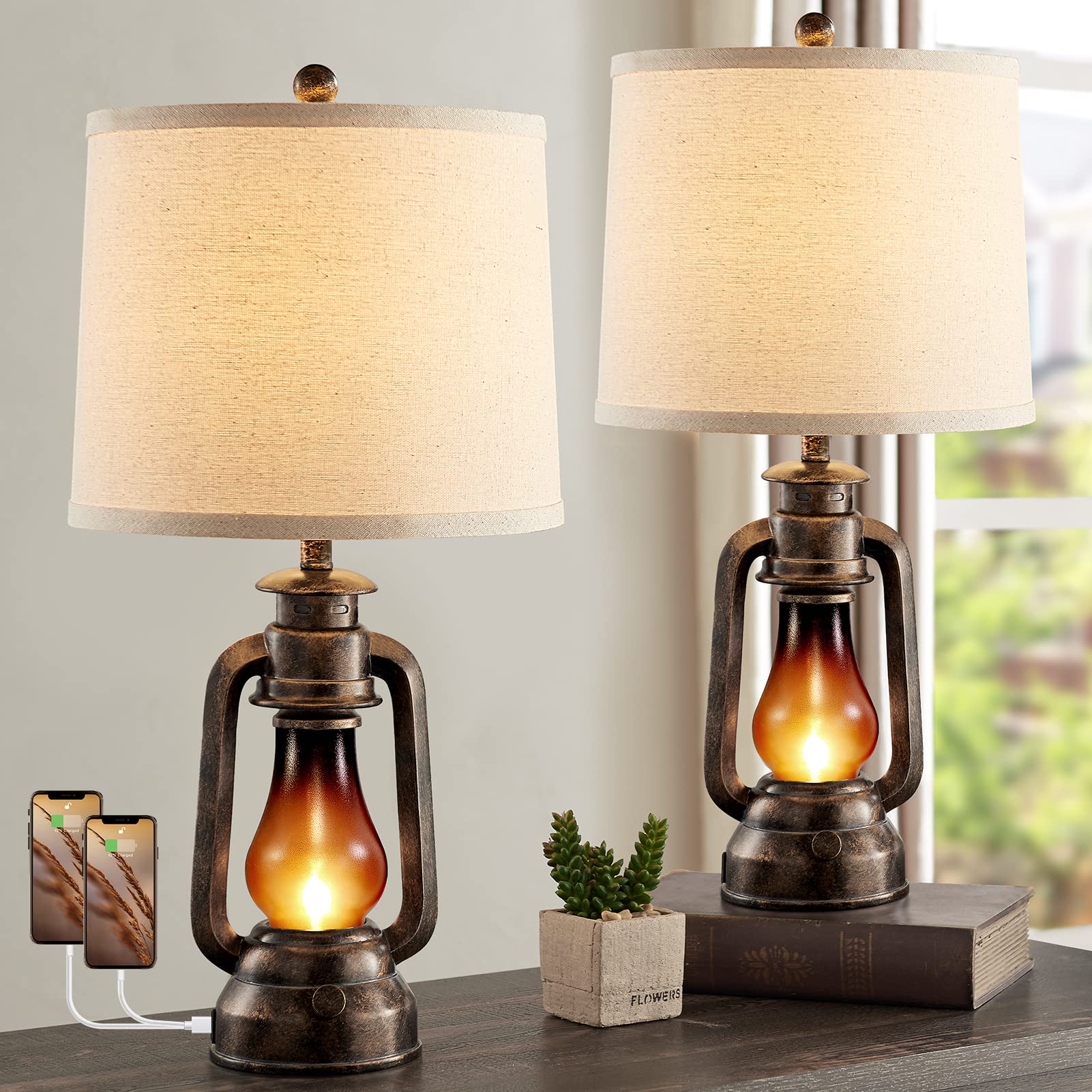 Farmhouse Rustic Table Lamps for Bedroom Set of 2, Vintage Lantern Lamp with Dual USB Charging Ports,25'' Retro Antique Bedside 