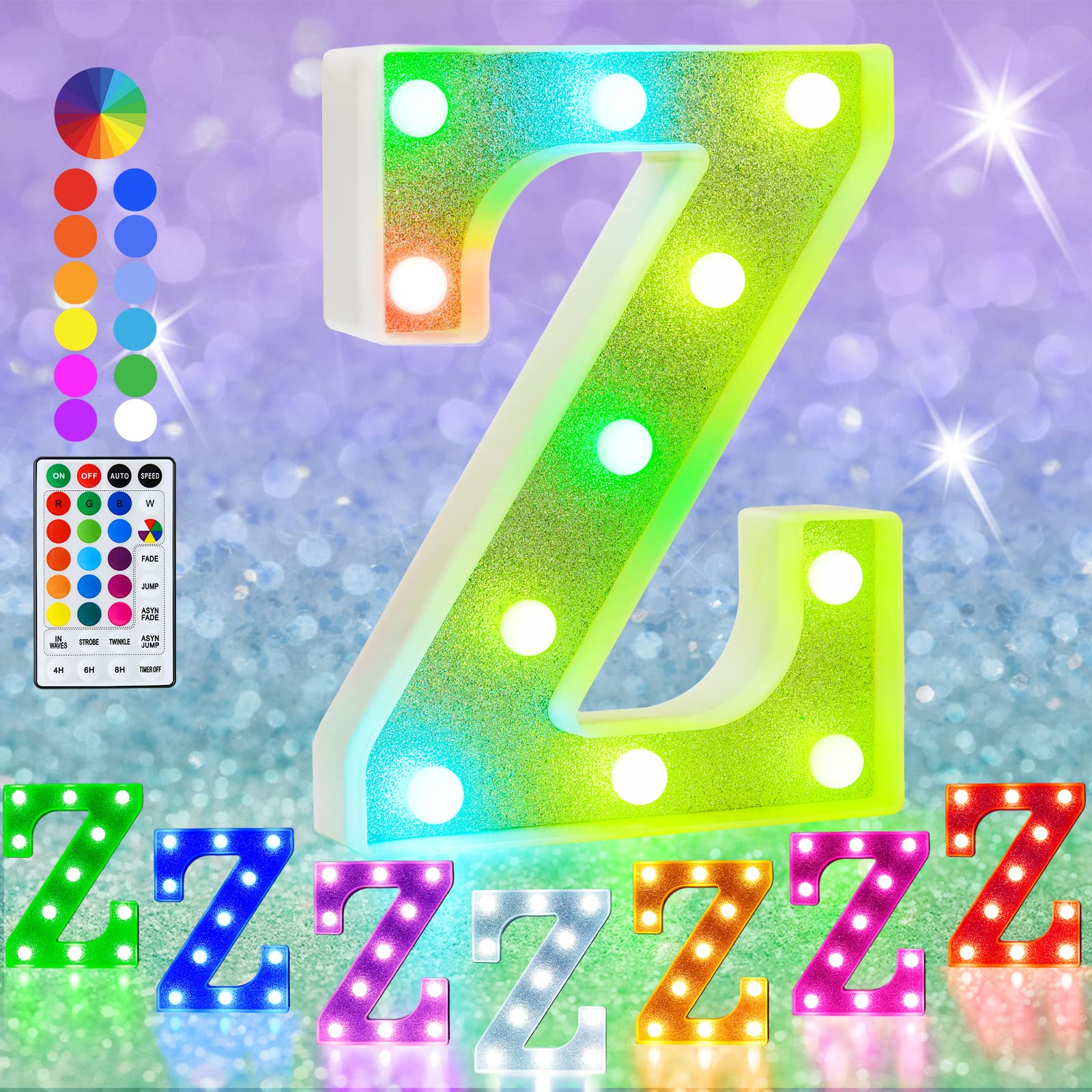 Pooqla LED Marquee Letter Light Sign, Glitter Silver Letter Z, 18 Colors, Battery Powered, Ideal for Parties and Decorations