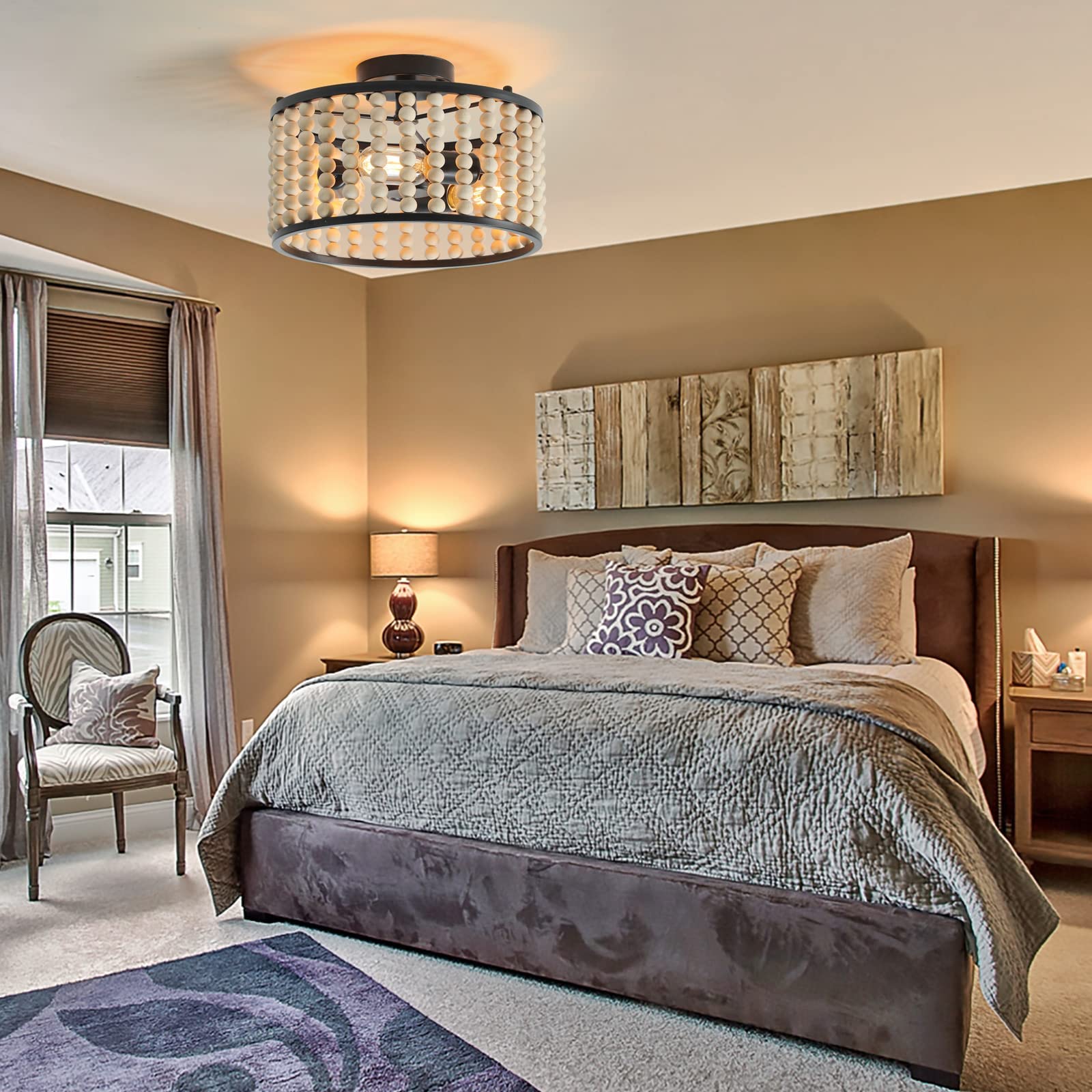 Tewei Wood Bead Chandelier - Rustic Boho Semi Flush Mount Ceiling Light For Kitchen & Living Room