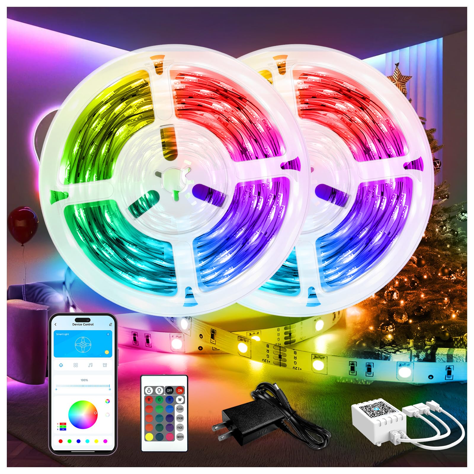 DAYBETTER LED Lights for Bedroom 132ft (2 Rolls of 65.6ft), Music Sync Color Changing Strip Lights with Remote, 24V Power Supply