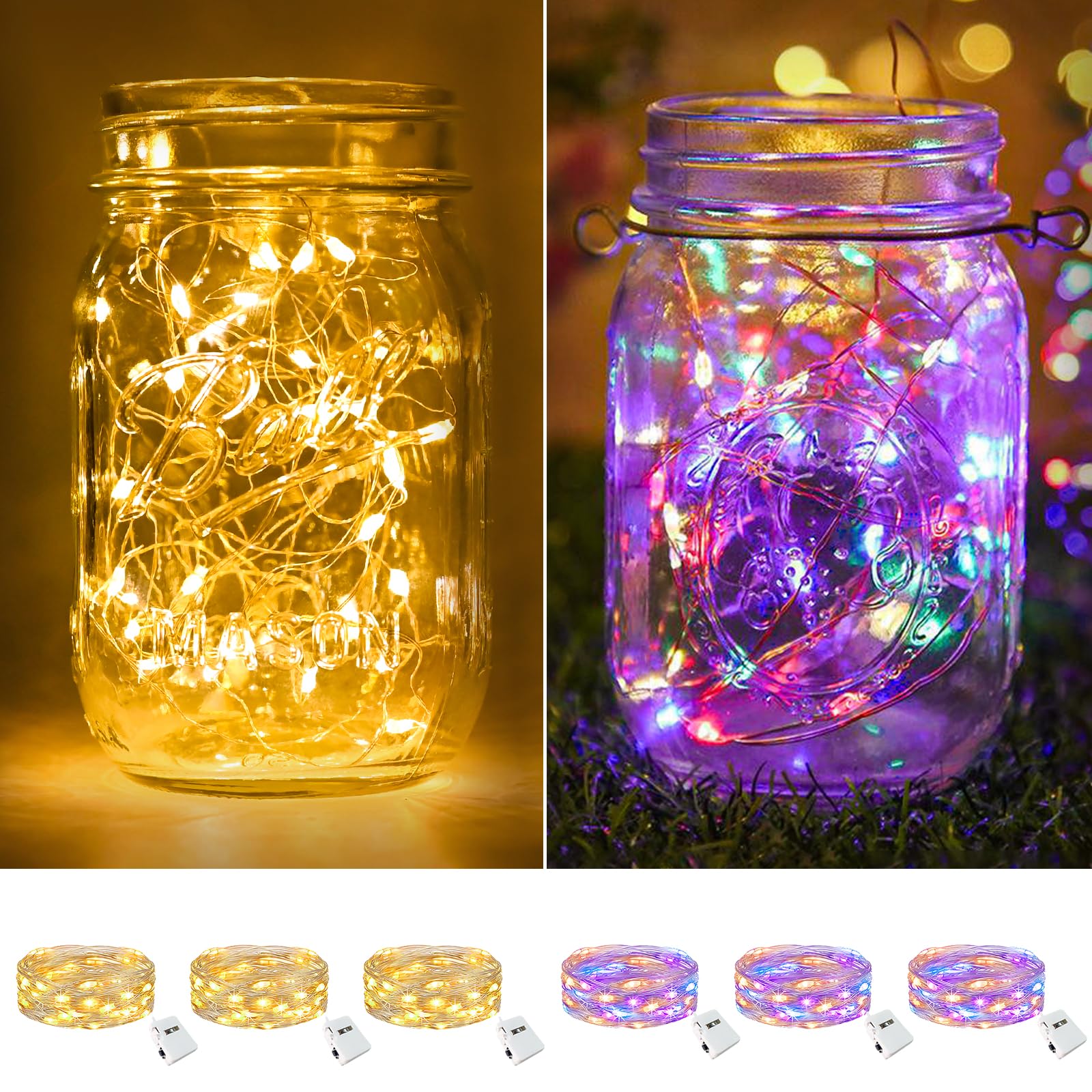 btfarm 6 Pack Fairy Lights Battery Operated [3 Modes]  7ft 20 Led Twinkle String Lights Waterproof Bulk Small Mini Sliver Wire for Christmas Mason Jars Wedding Table Centerpiece  Warm White/Colorful