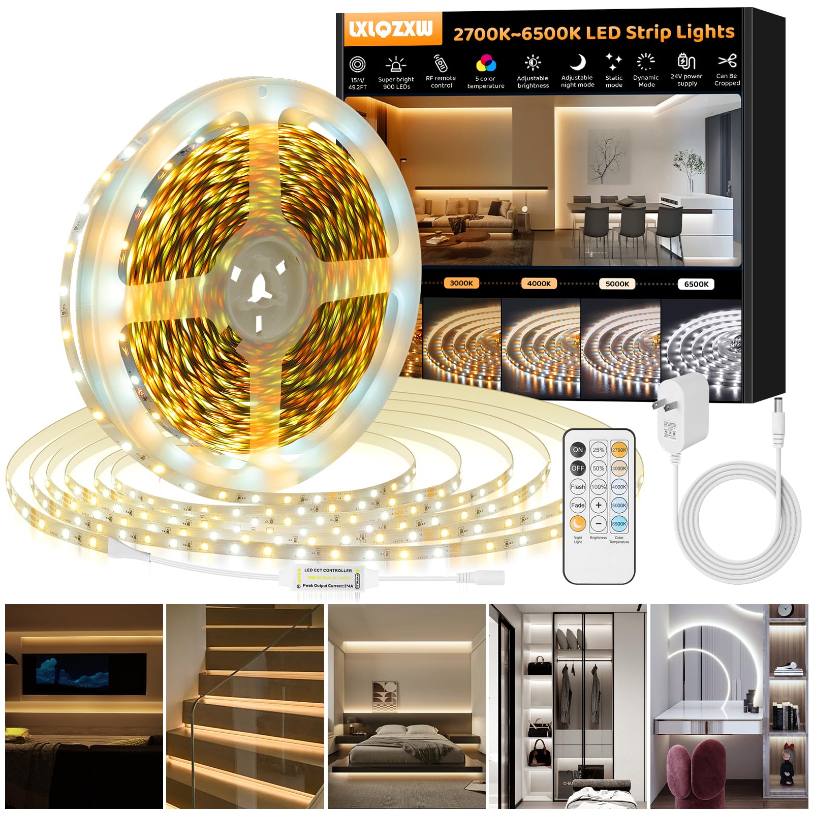 LXLQZXW Warm White LED Strip Lights, 49.2ft Dimmable, 24V, 900 LEDs, Tunable White 2700K-6500K, PVC