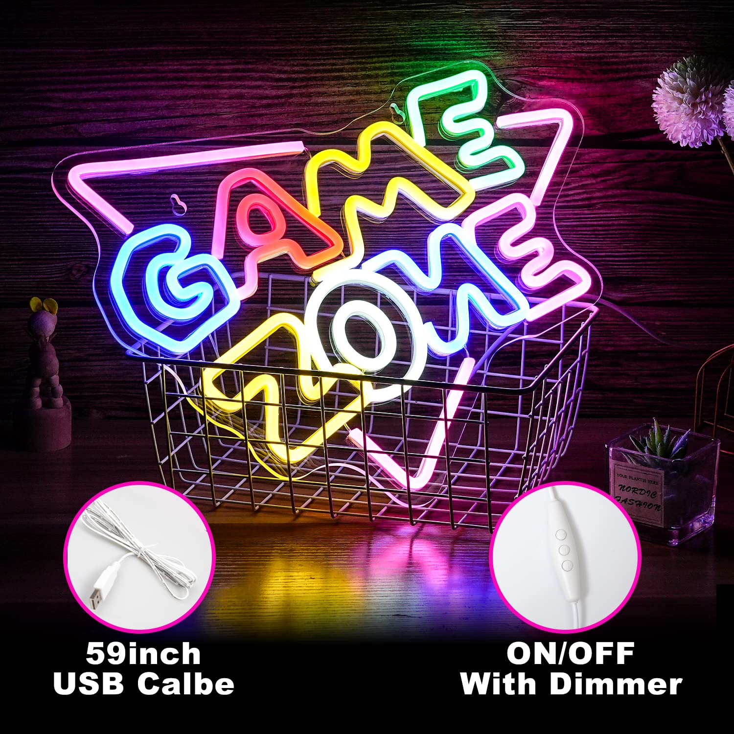 LISIGNVE Game Zone Neon Sign LED Light, Dimmable USB, 15.4’’x12.6’’, Multicolored Acrylic Wall Decor for Game Room and Bedroom