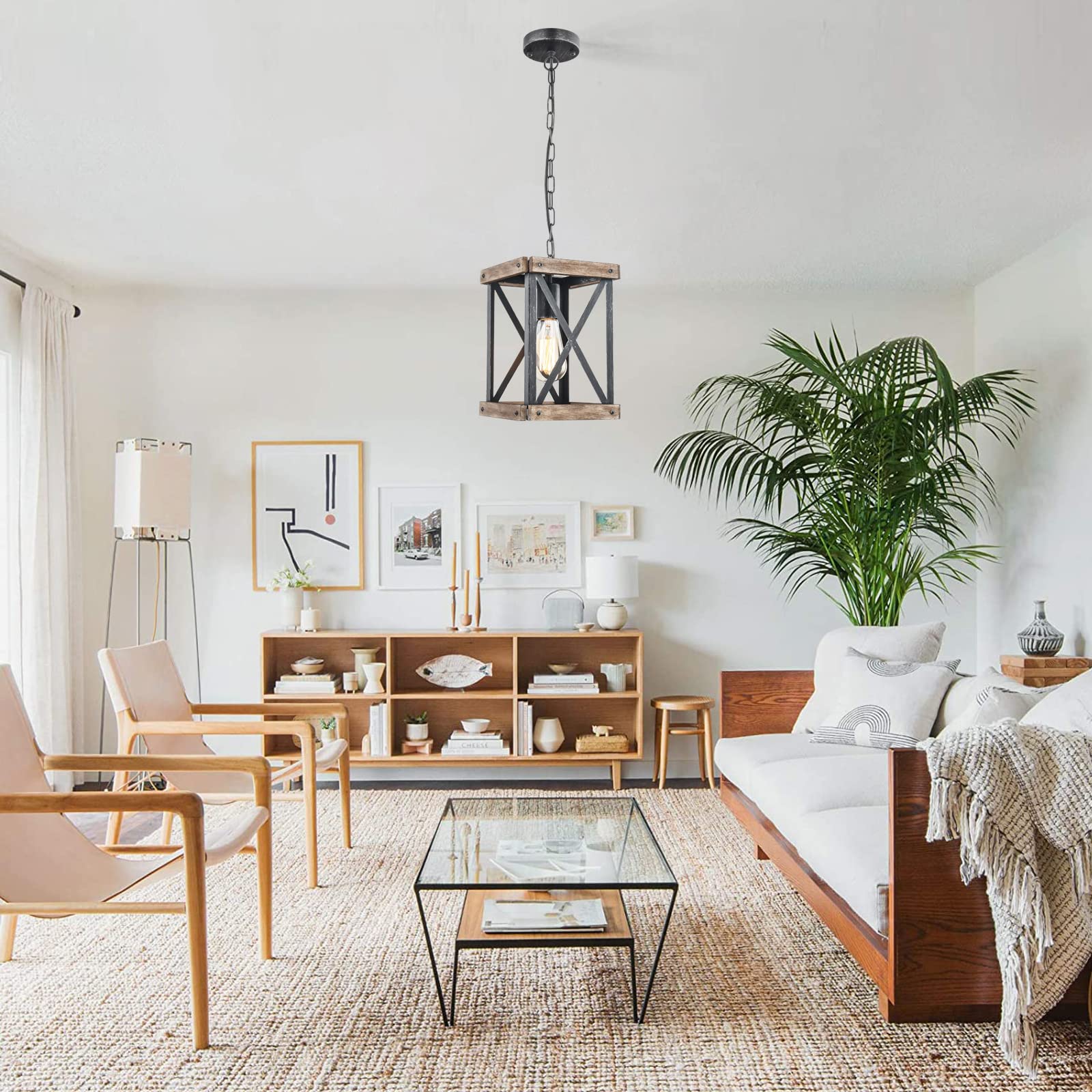 Wochos Farmhouse Pendant Light, Adjustable Metal And Wood Chandelier Light Fixture, Rustic Pendant Lighting For Kitchen Island,