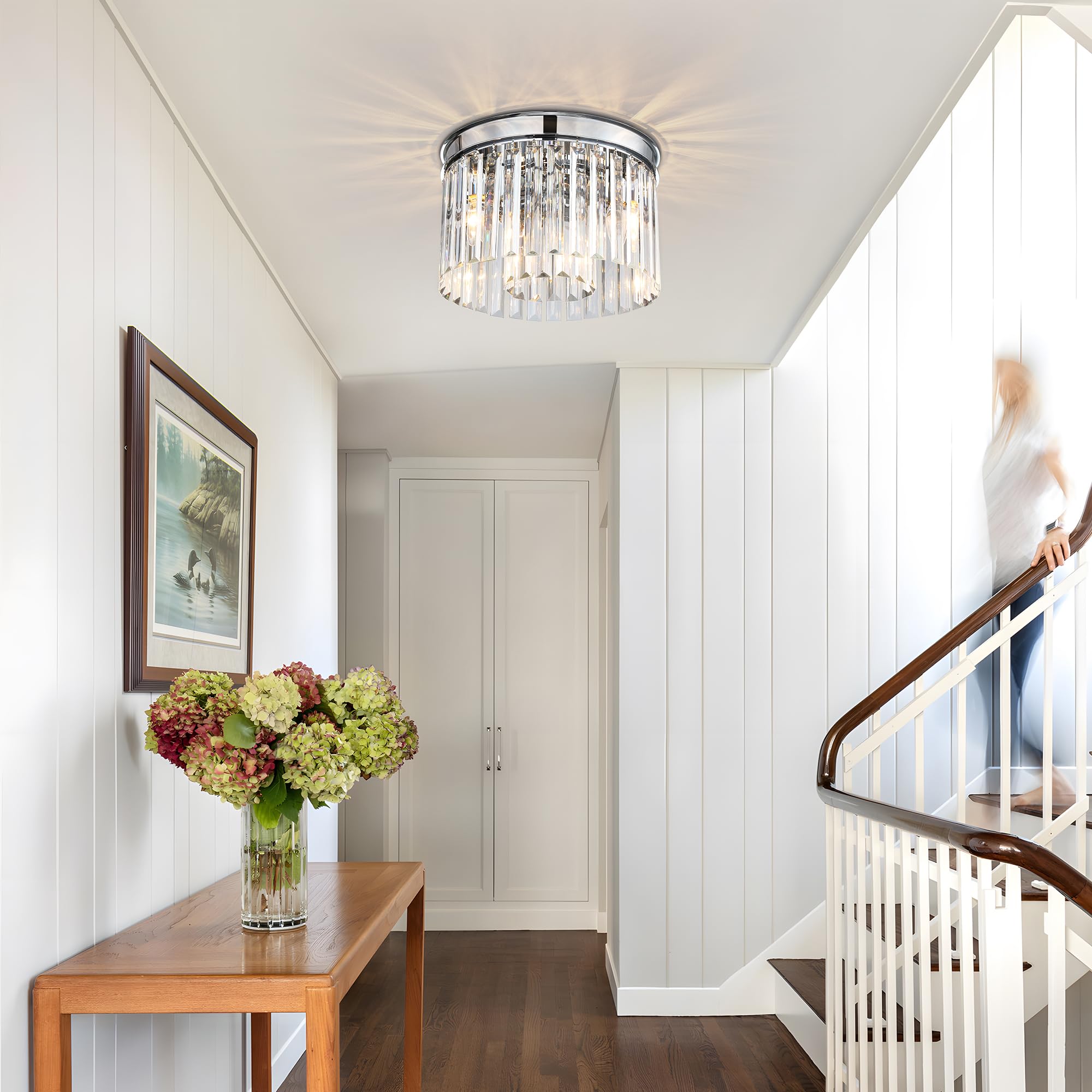 Klklch Chrome Ceiling Light Fixture,12 Inch Flush Mount Ceiling Light,Modern 3 Lights Crystal Chandelier Lighting For Living Roo