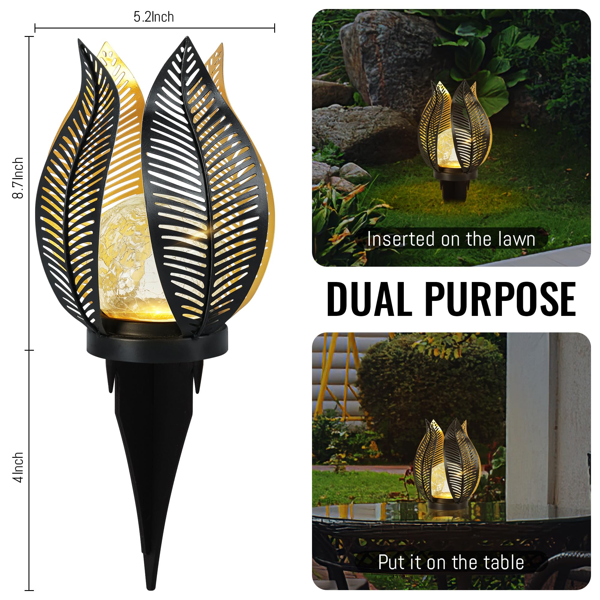 Qzge Solar Garden Lights - Waterproof Crackle Globe Glass, Metal Palm Leaf For Outdoor Decor