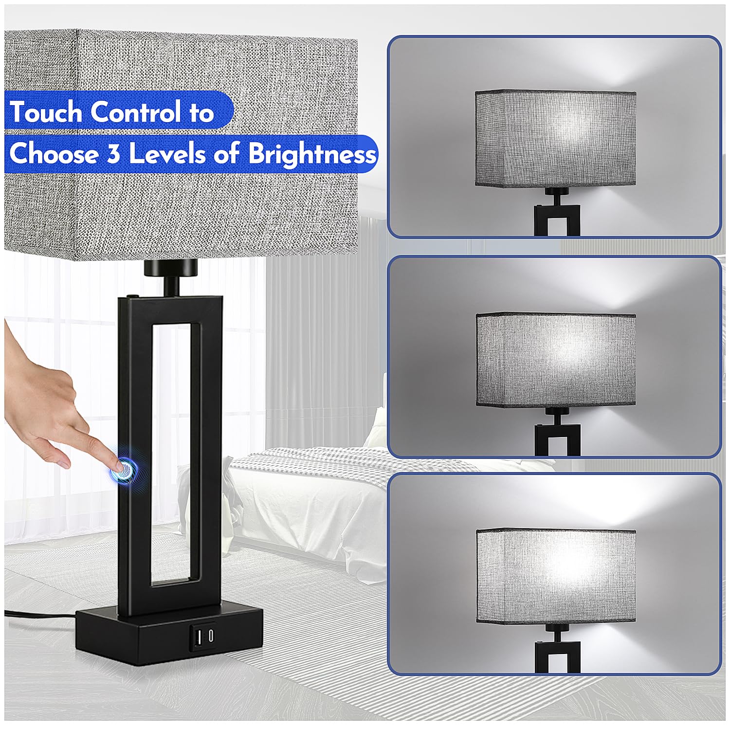 Modern Nightstand Lamps Set Of 2 - Touch Control Bedside Table Lamps With Usb C&A, 3 Way Dimmable For Bedrooms & Living Room, Gr
