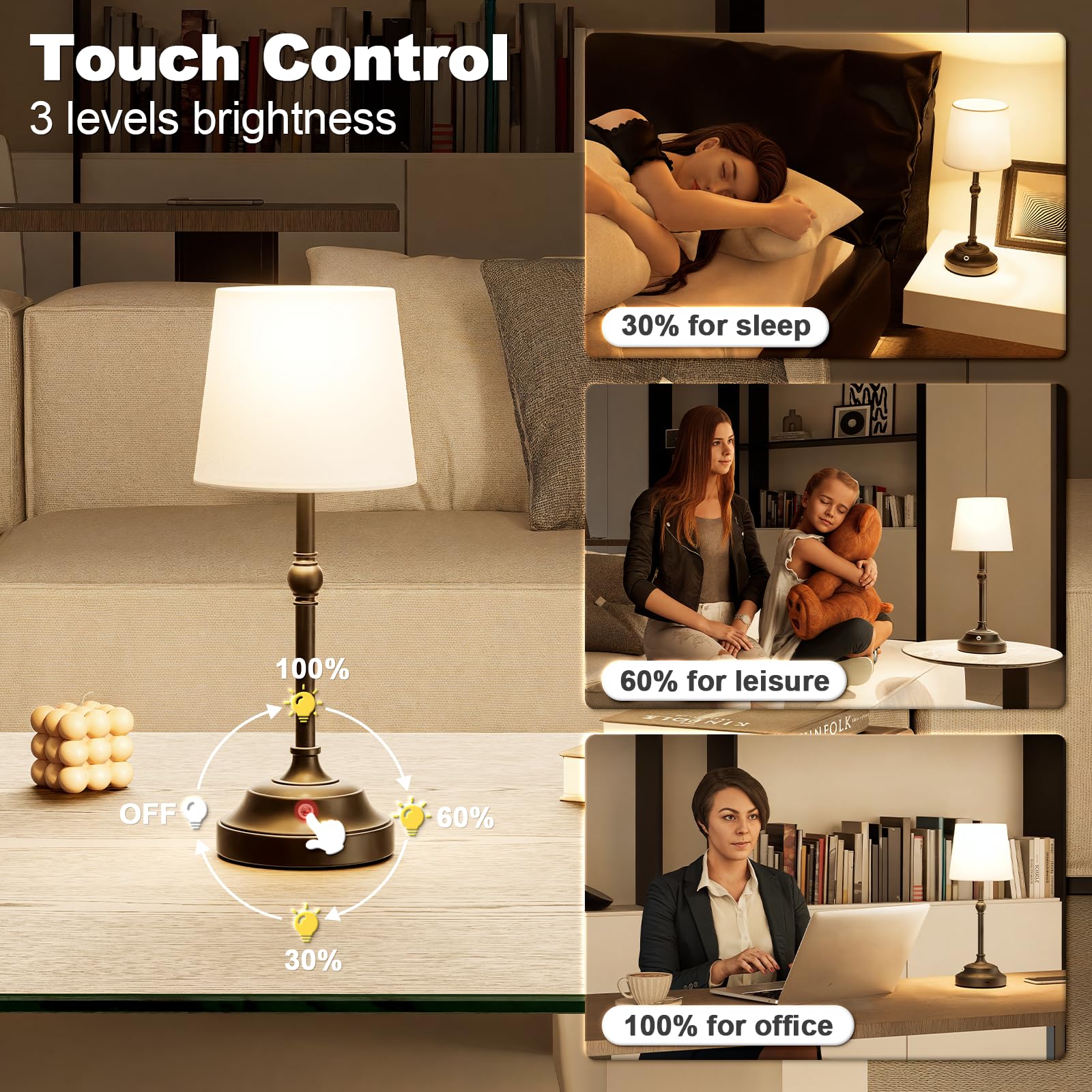 VOLISUN Cordless Table Lamp 2 Pack, 5200mAh Battery, Touch Dimmable, Wireless Bedside Light, Black, Model 21577ZM