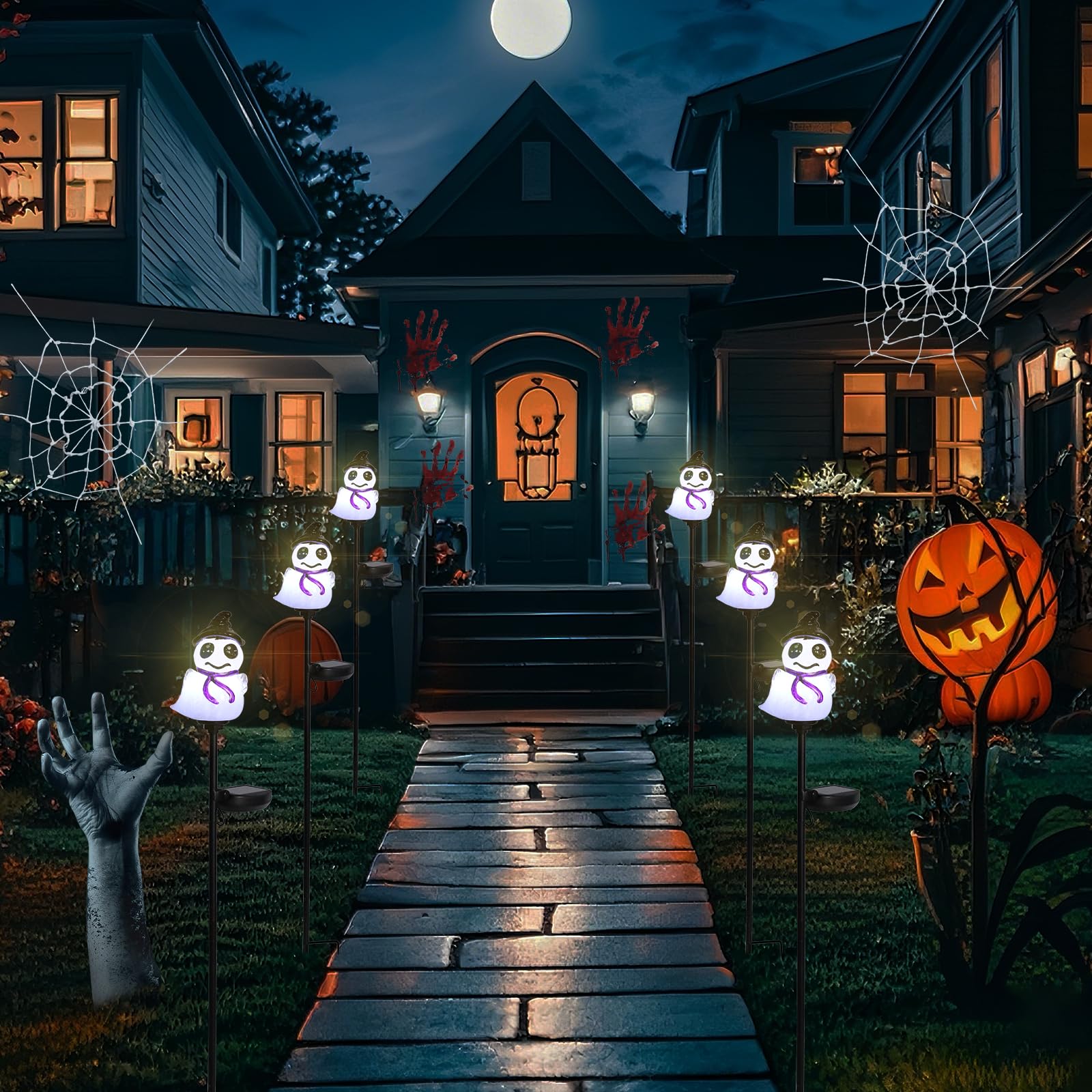 Bshine Halloween Ghost Solar Lights - 2 Pack, Hand Blown Glass, Waterproof Outdoor Decor, Pumpkin Stake, Model 4884181-2