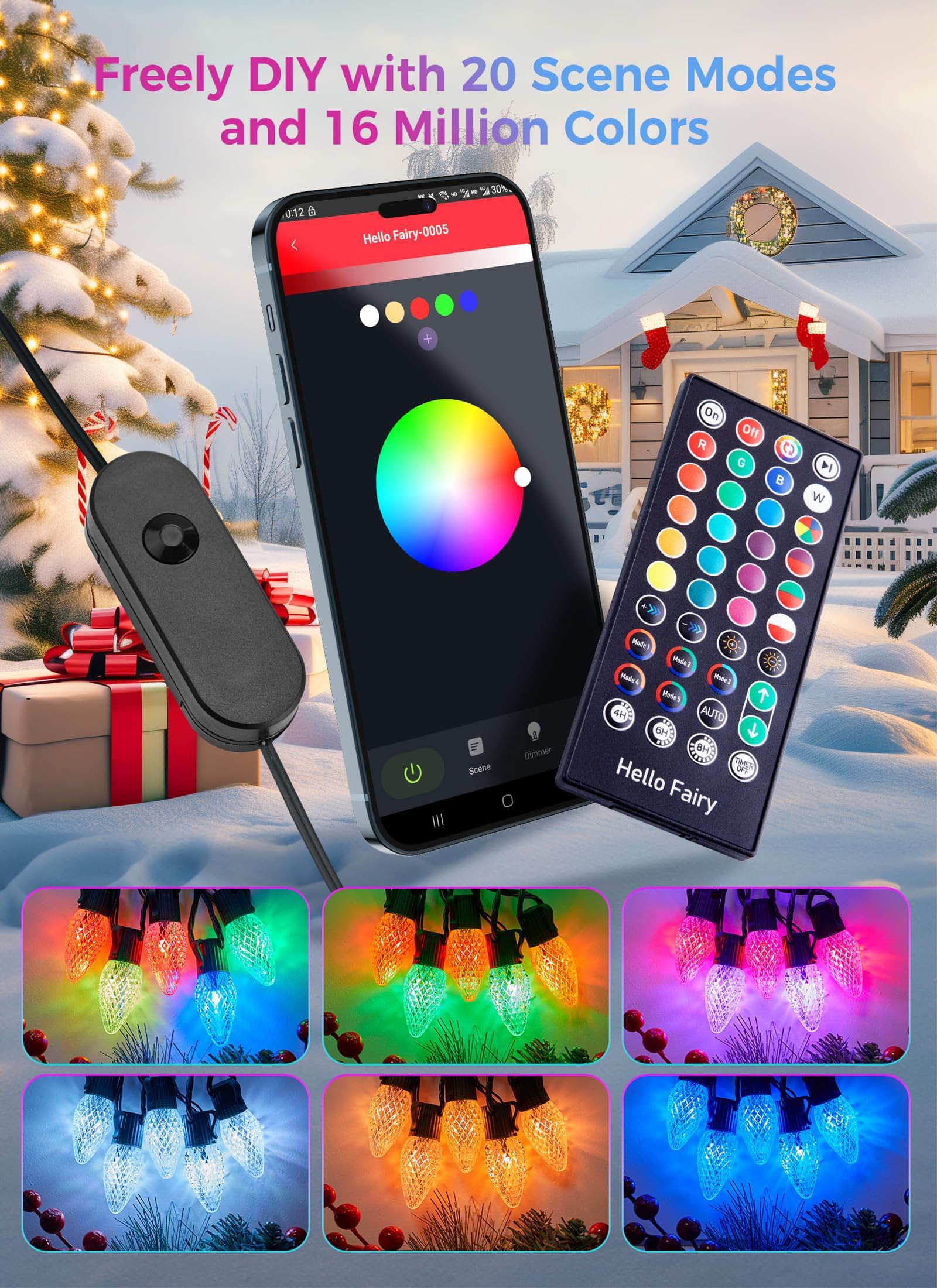 Brightown Smart C9 LED Christmas Lights, 50Ft 75 LED, RGB, Remote/App Control, Music Sync, Smart Multicolor, Model GY-C-50.6-U-B1