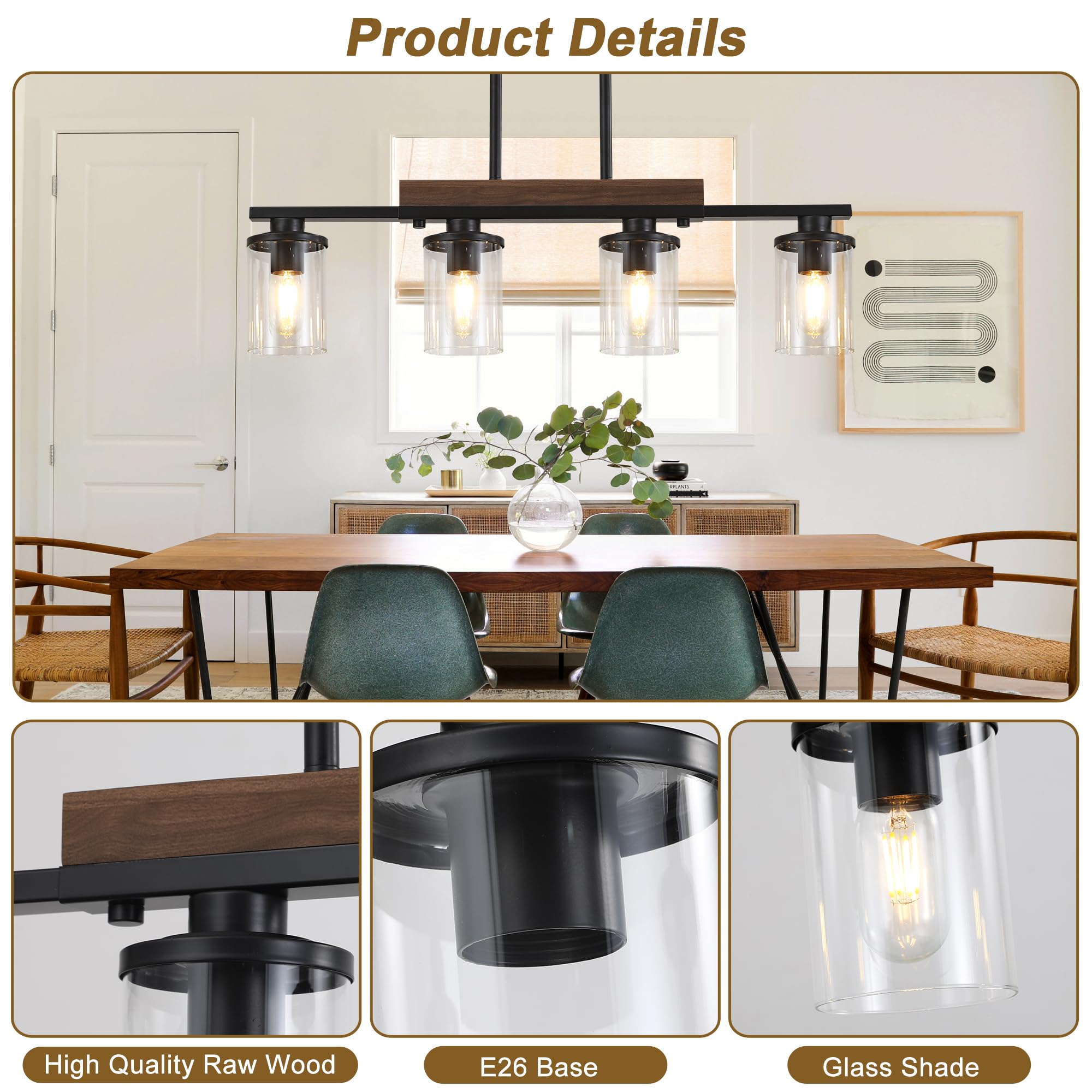 29.3'' Kitchen Pendant Lights, 4-Light Dining Room Light Fixture Chandelier Over Table, Black Modern Rustic Wood Ceiling Pendant