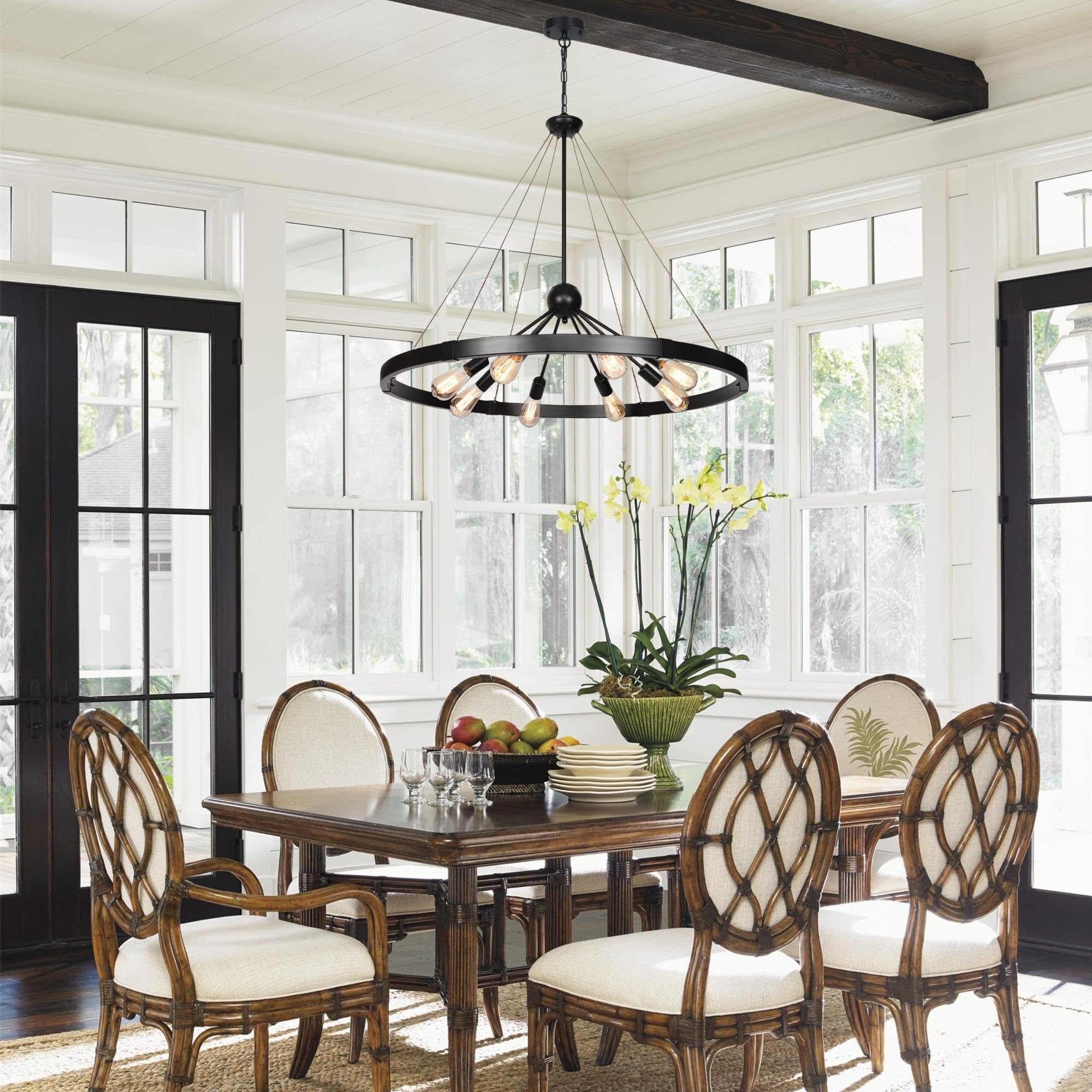 Klgxnrd 38.2'' Large Black Wagon Wheel Chandelier For Dining Room, 8-Light Country Round Metal Pendant Light Fixtures For Living