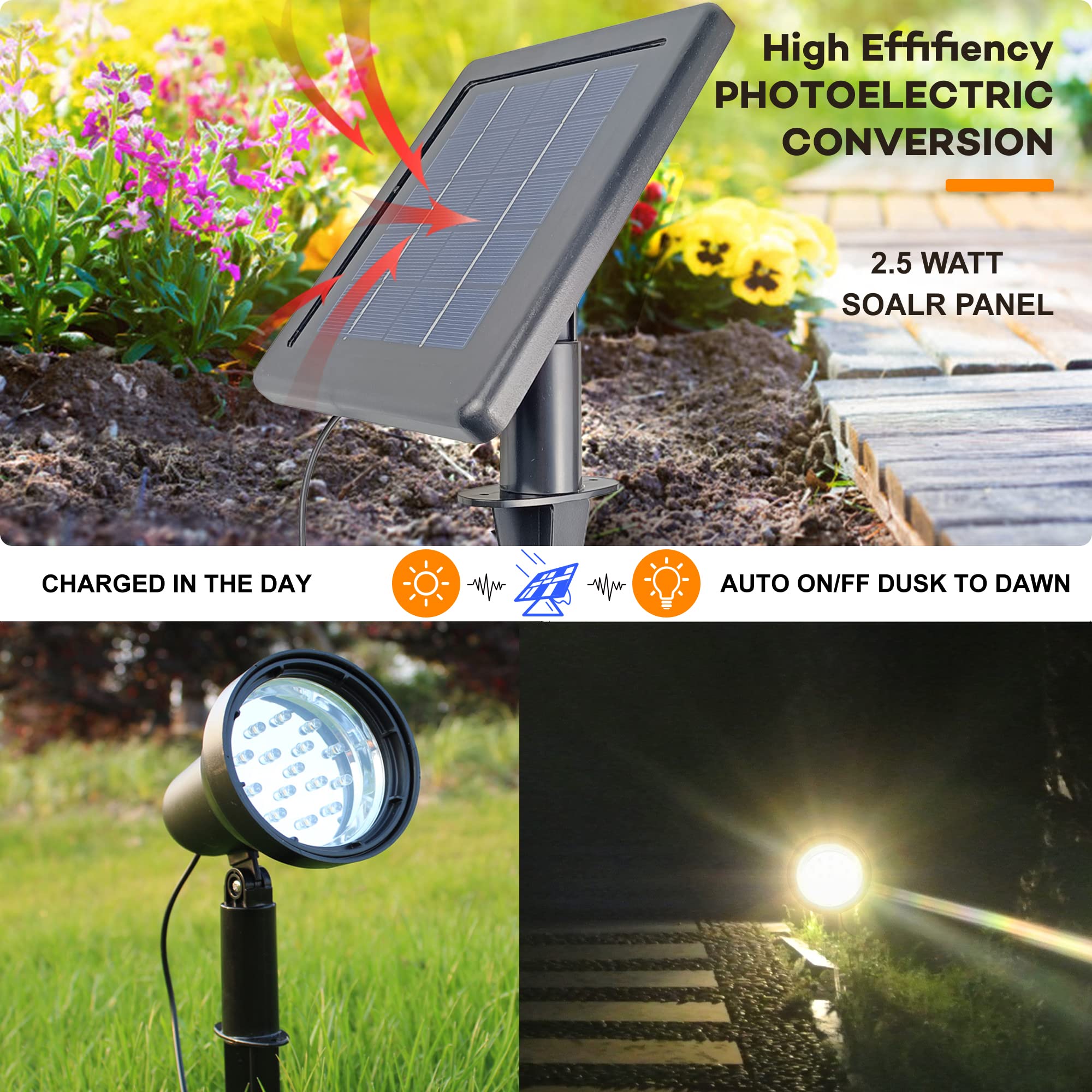 SUNLONG Solar Spotlights Outdoor LED Flood Light, Warm White, Waterproof, Model RLS015WW, Automatically Activates at Dusk to Dawn, 1 x Spot