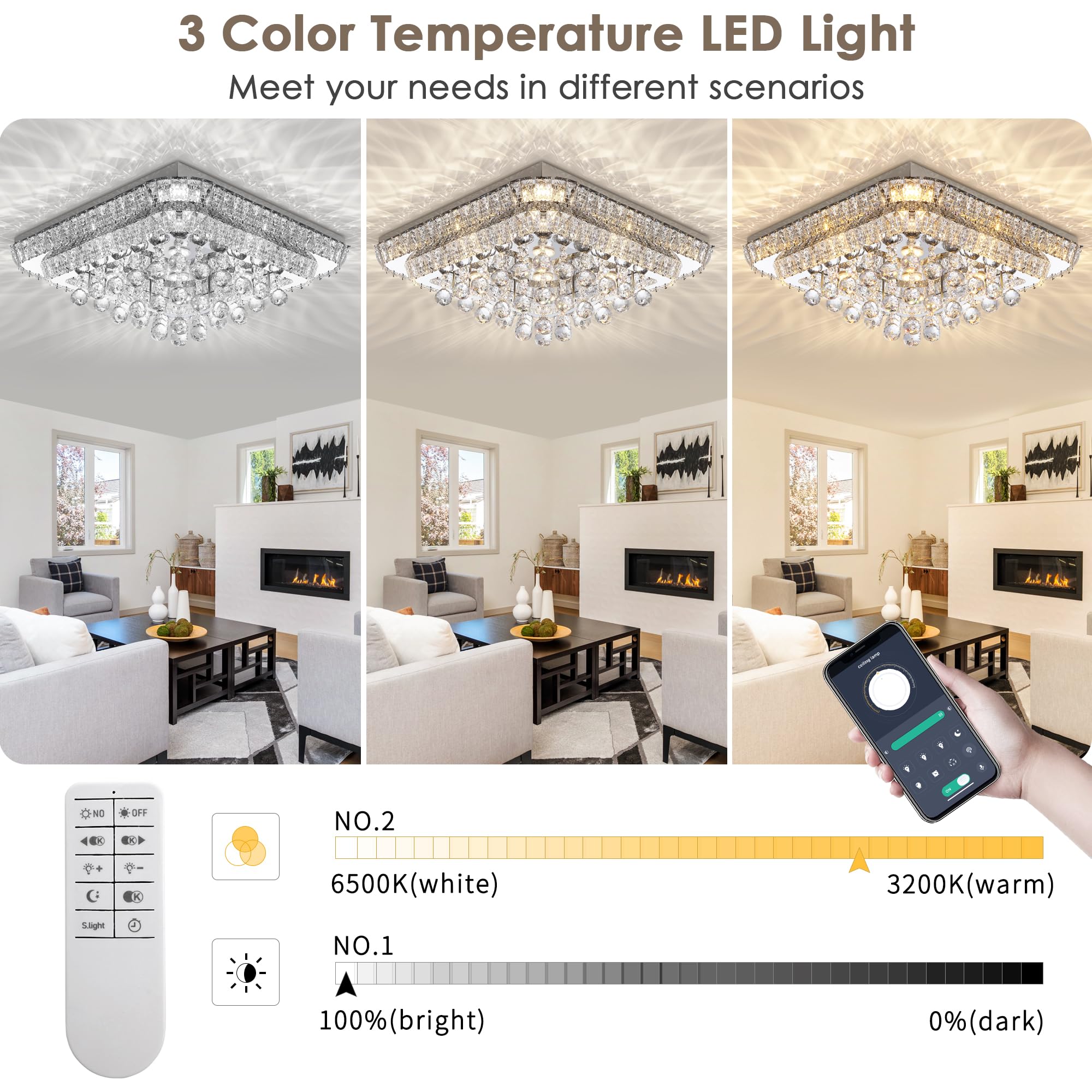 24 Crystal Ceiling-Light Flush Mount with Remote and APP, 3 Colors Temp & Brightness Adjustable, Modern Crystal Raindrop Chandel