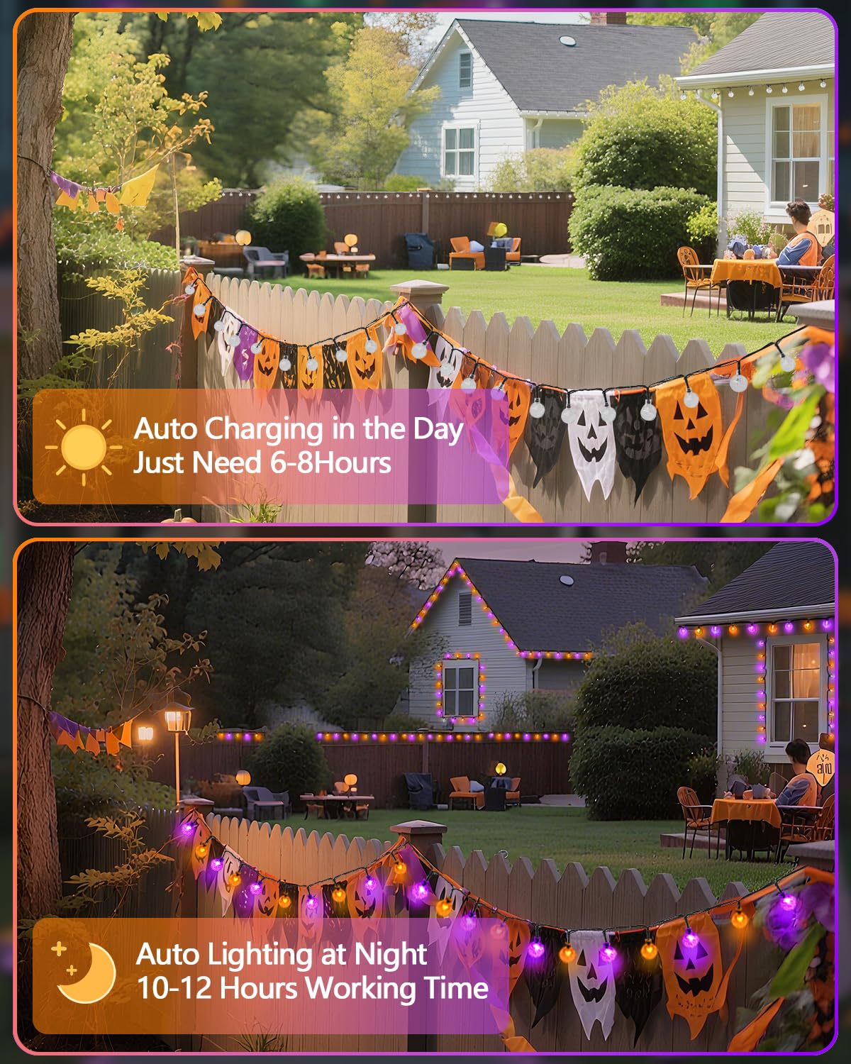 LORRYTE Solar Globe String Lights, 100 LED, 64FT, Purple & Orange, 2-Pack, Waterproof, 8 Lighting Modes for Halloween Outdoor Decorations