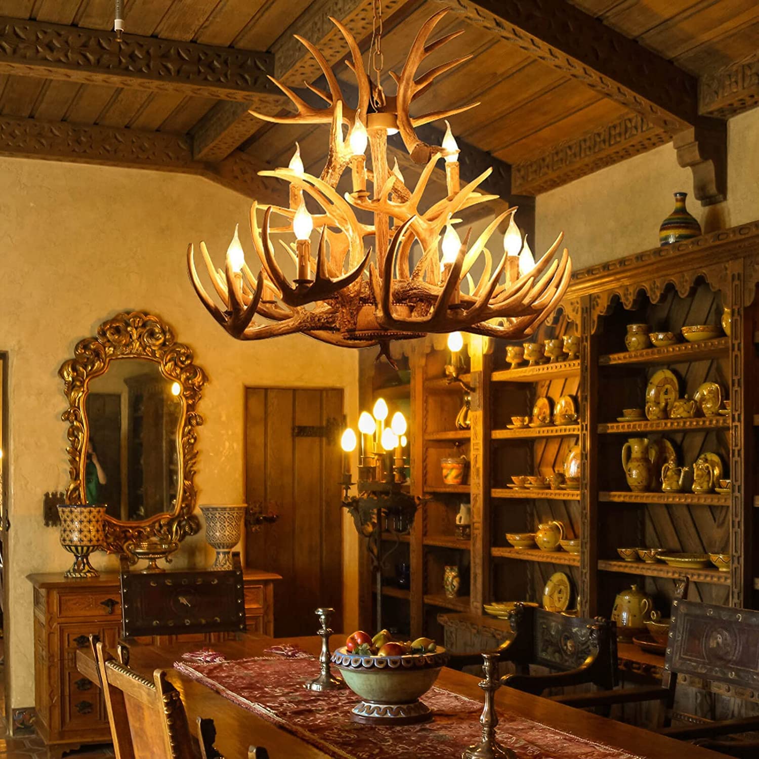 AUNLPB Deer Antler Chandelier 9-Light LED Pendant Light, Adjustable, Vintage Style, Brown, 12 Lights