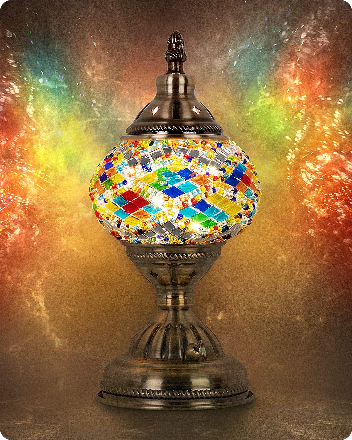 Yarra-Decor Turkish Moroccan Lamp - Handmade Mosaic Glass, Bronze Base, Rechargeable Led Bedside Light