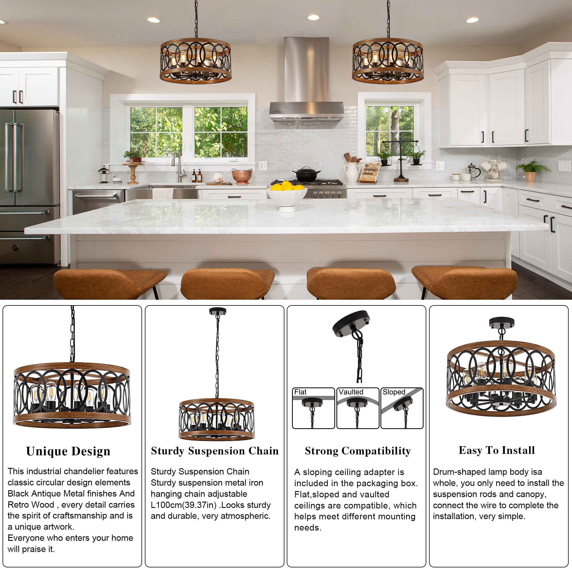 Faibra 8-Light Farmhouse Drum Pendant Light,19.68'' Nature Wood Texture Vintage Rustic Chandeliers Black Metal Industrial Hangin