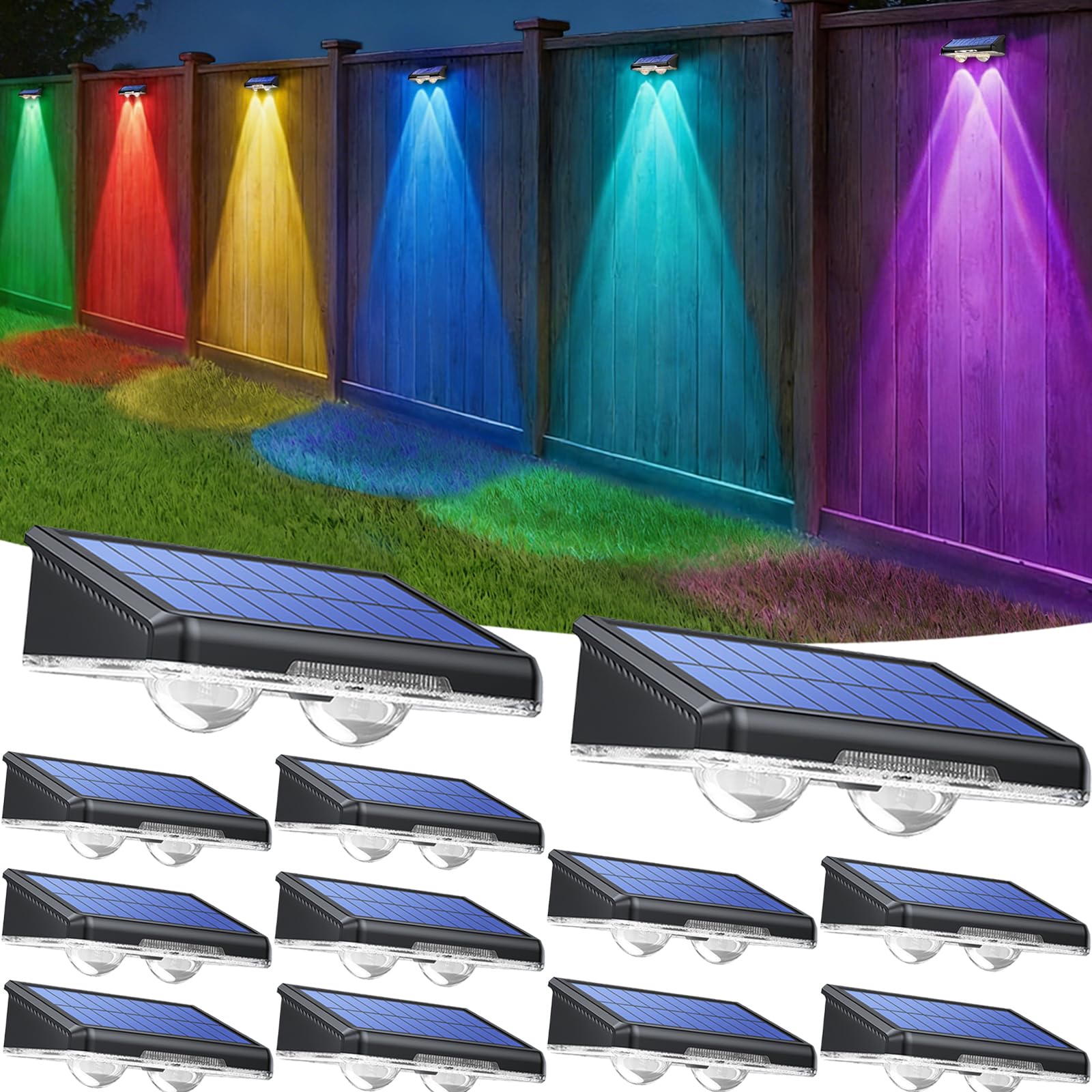 TECKNET Solar Fence Lights Outdoor 12 Pack  Warm White & 6 Colors & RGB  IP66 Waterproof LED Deck Light  Dusk to Dawn Fence Lights Solar for Wall  Railing  Step  Patio  Pool  Backyard  Outside