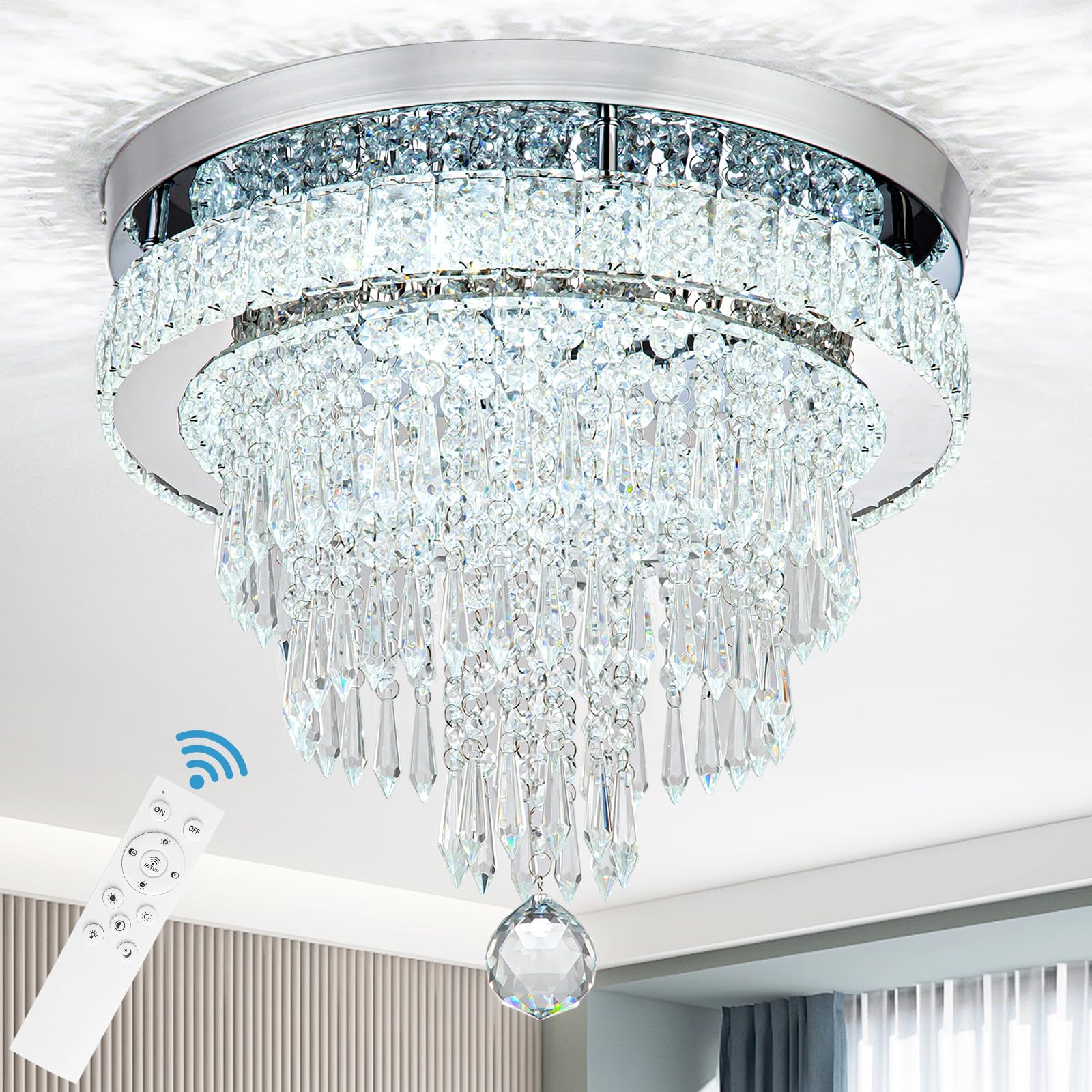 HongnuoFc 16'' Crystal Flush Mount Ceiling Light Fixtures with Remote Control - Round Modern LED Chandelier for Bedroom, Living 