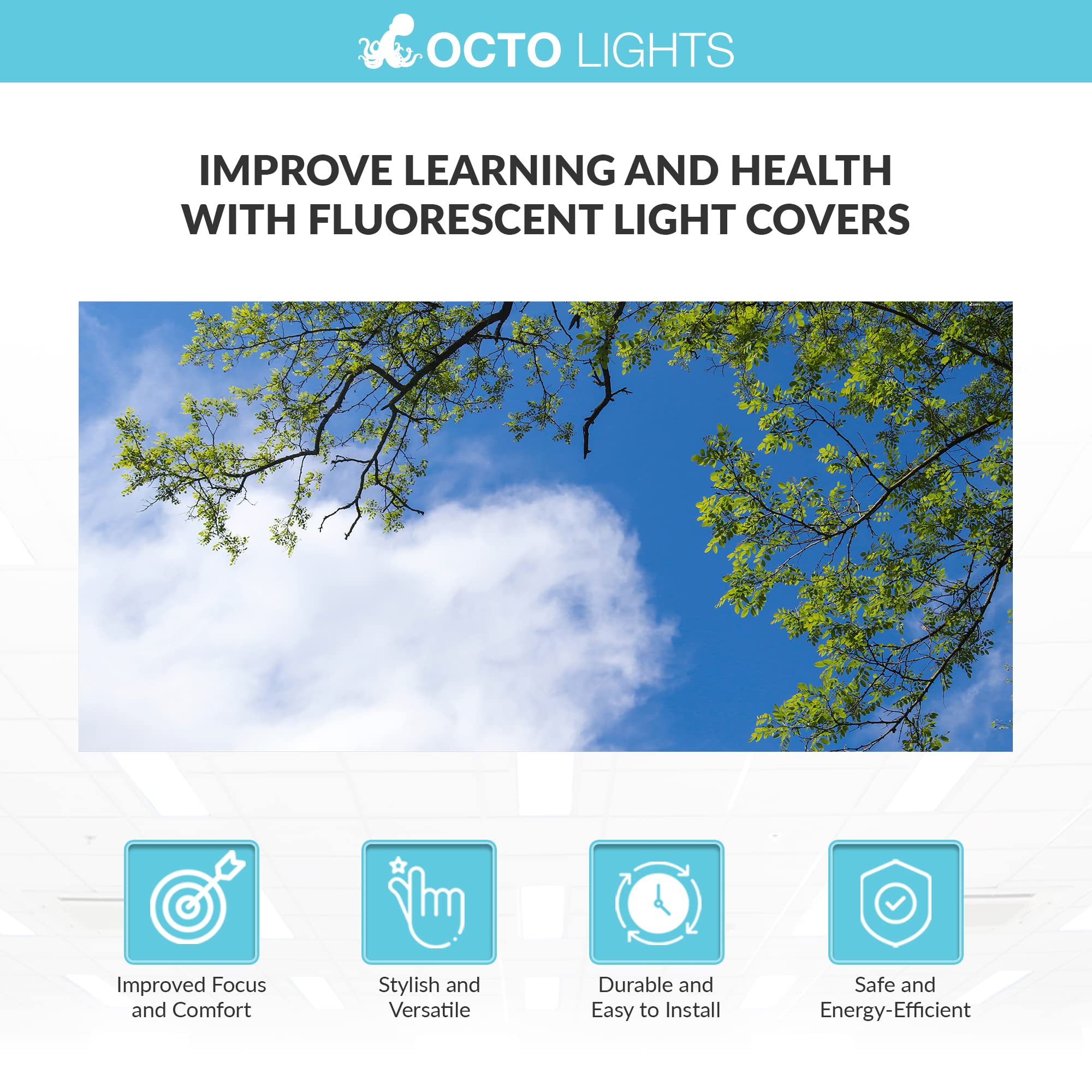 OCTO LIGHTS Fluorescent Light Cover Backlit Film Insert 2x4 - Blue Sky Acacia Tree - Model TRE-008-2x4 - 1 Pack