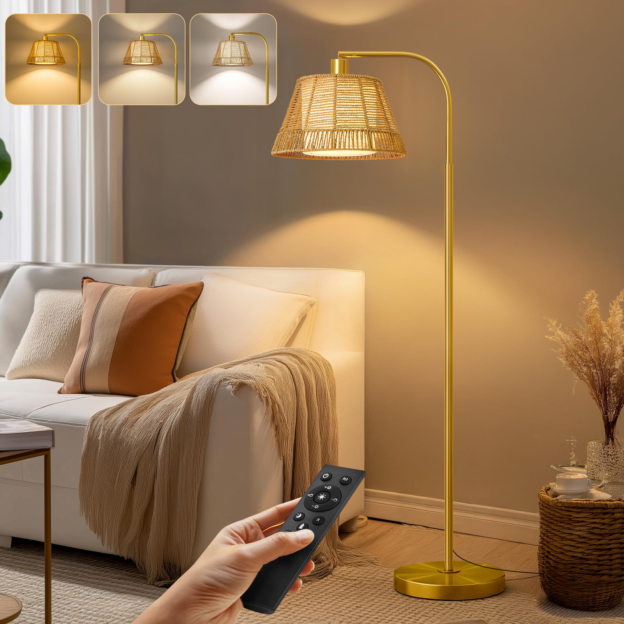 Oneach Arc Floor Lamp for Living Room with 3 Color Temperatures, Farmhouse Floor Lamps with Remote & Dimmable Bulb, Rattan Boho 