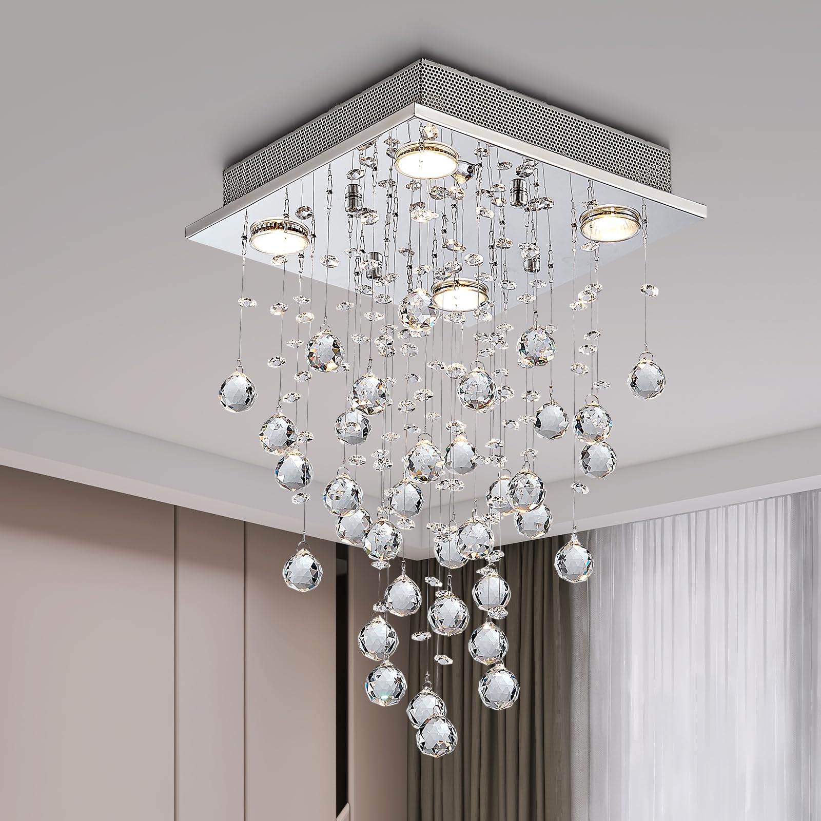 Bestier Chrome Crystal Raindrop Chandelier LED Ceiling Light Fixture, 12" Wide x 20" High, for Dining Room, Bathroom, Bedroom, Model AK-AJ-18034