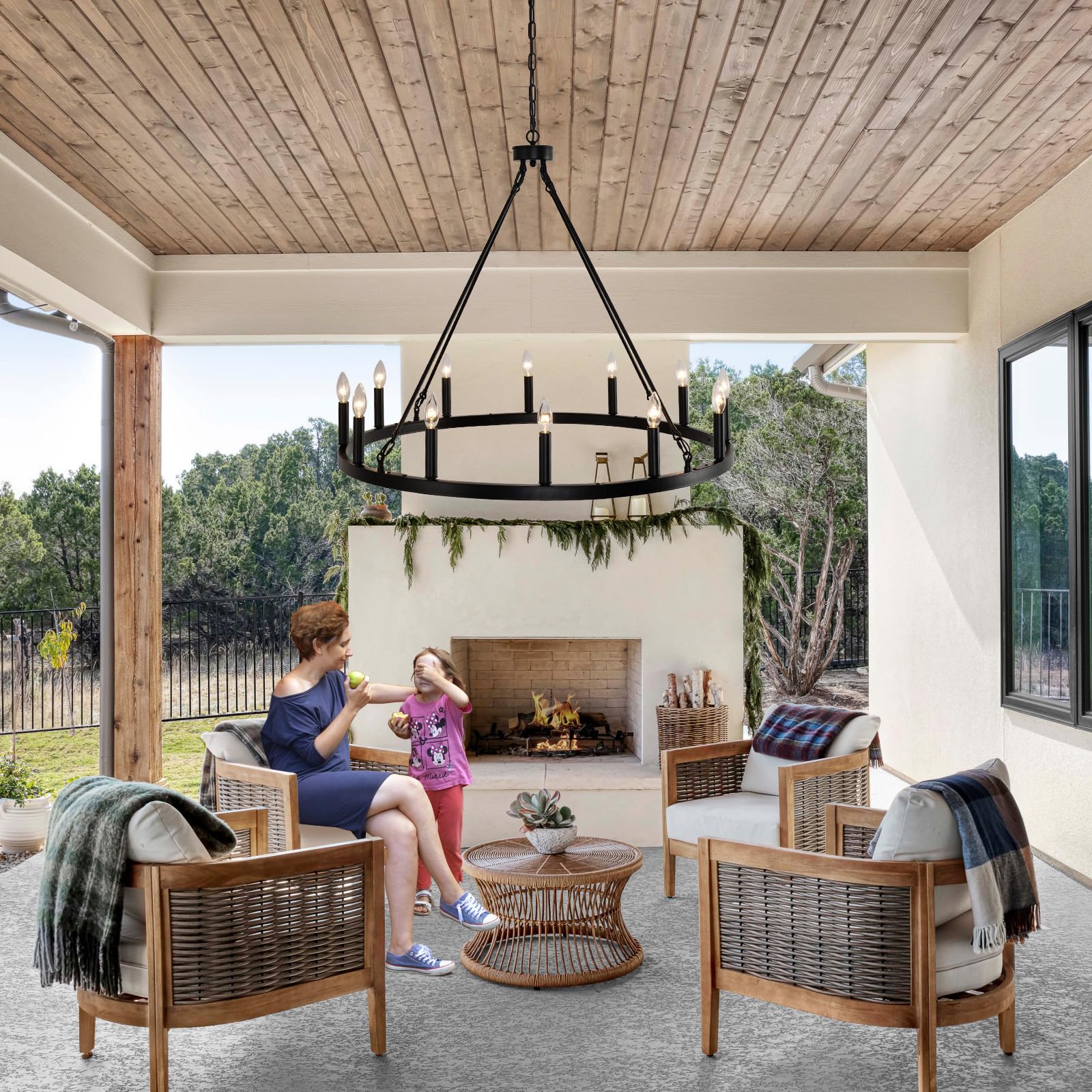 Baoure 38 Inch Black Wagon Wheel Chandelier, 12-Light Farmhouse Industrial Round Wagon Wheel Chandelier For Outdoor Porch Living Room Hallway Foyer