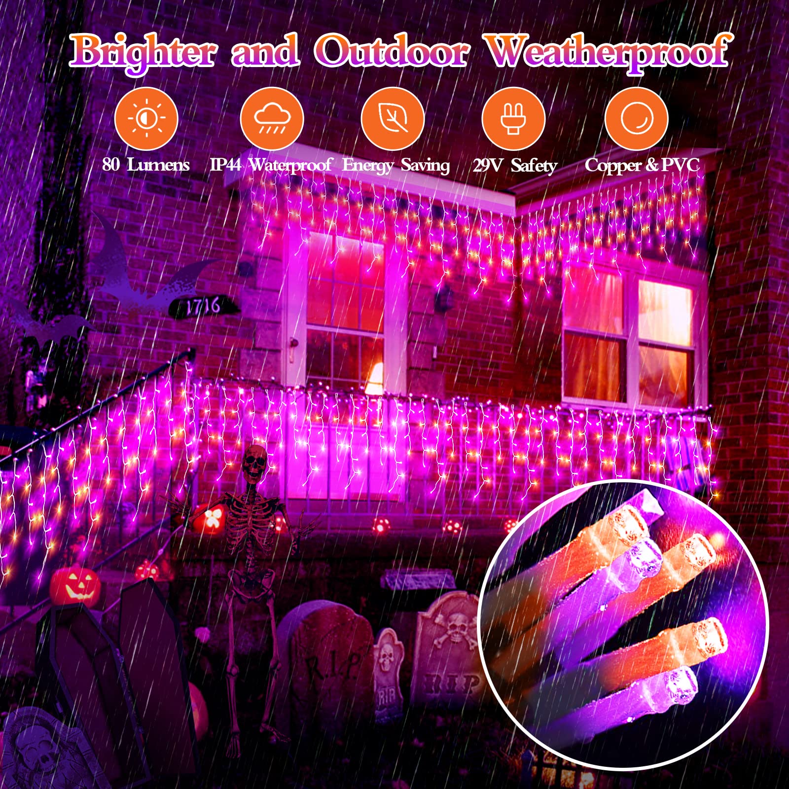 480 Led 49Ft Halloween Lights Plug In 8 Modes With Timer Dimmable Halloween Decorations Outdoor Waterproof Indoor Curtain String