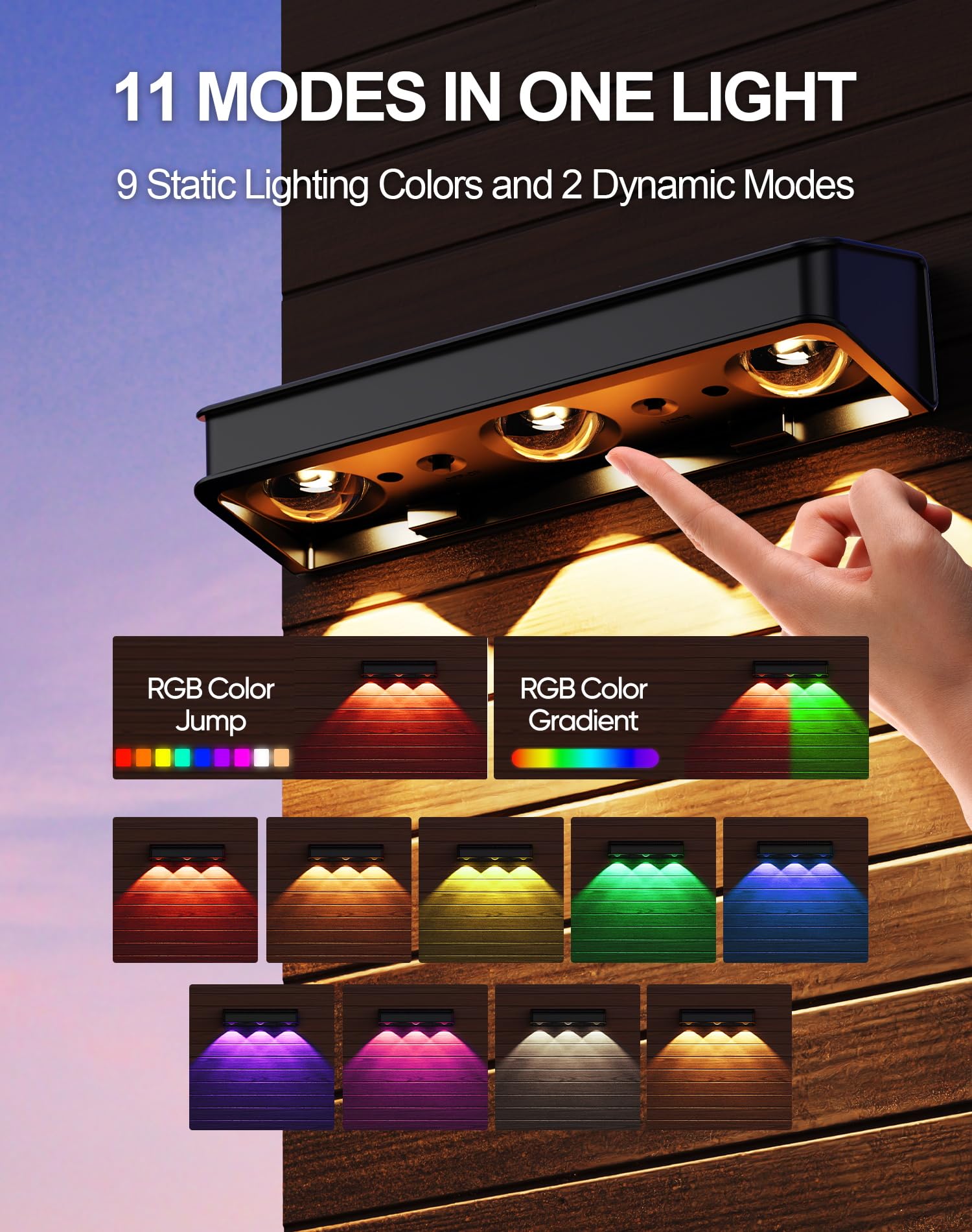 KIALUSH Solar Fence Lights 10 Pack, RGB Color Glow, IP65 Waterproof, Plastic, Model KF04H-3, 3-Light Black