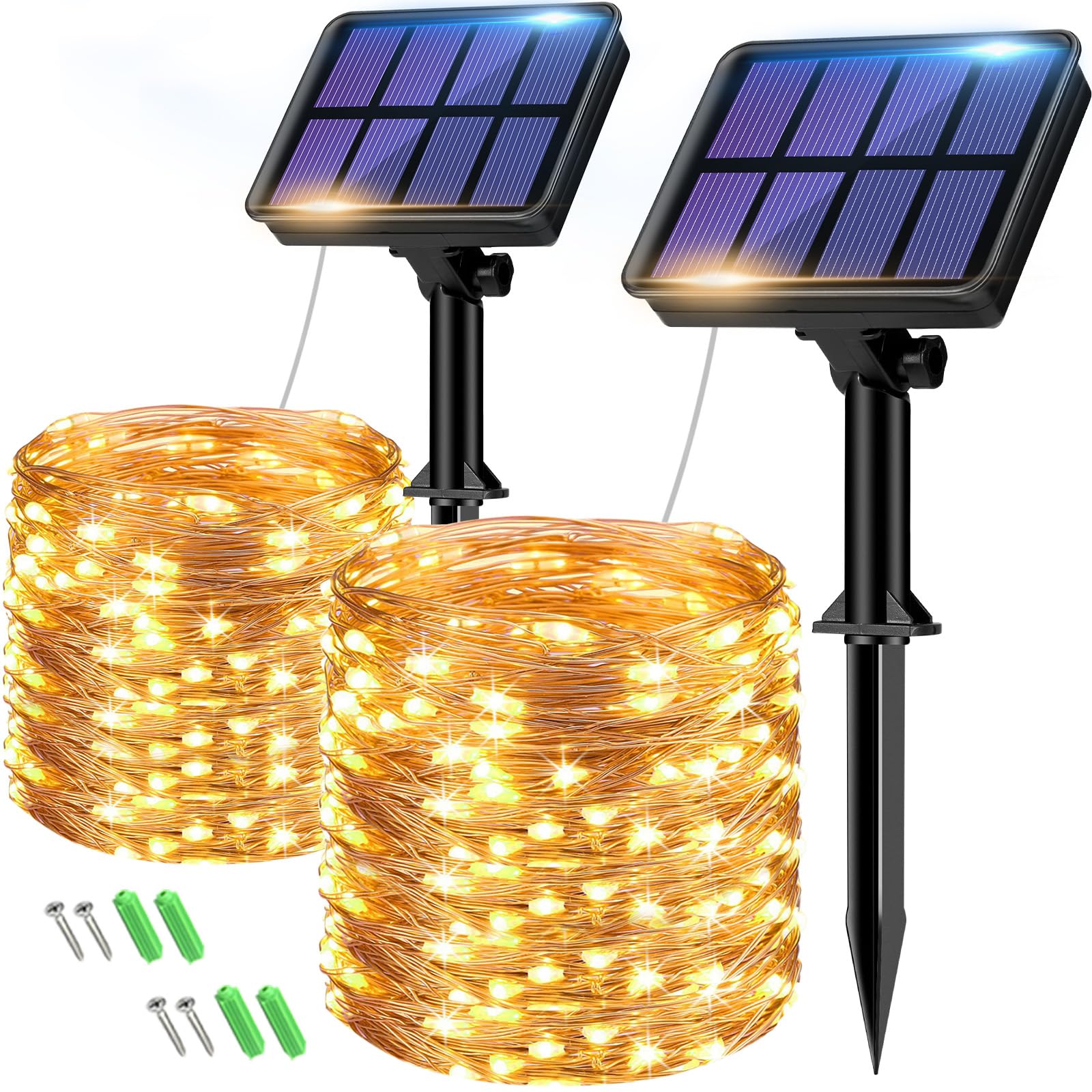 btfarm 2 Pack Solar String Lights Outdoor, 160LED 66FT Solar Fairy Lights Outside Waterproof, 8 Modes Copper Wire Solar Powered 