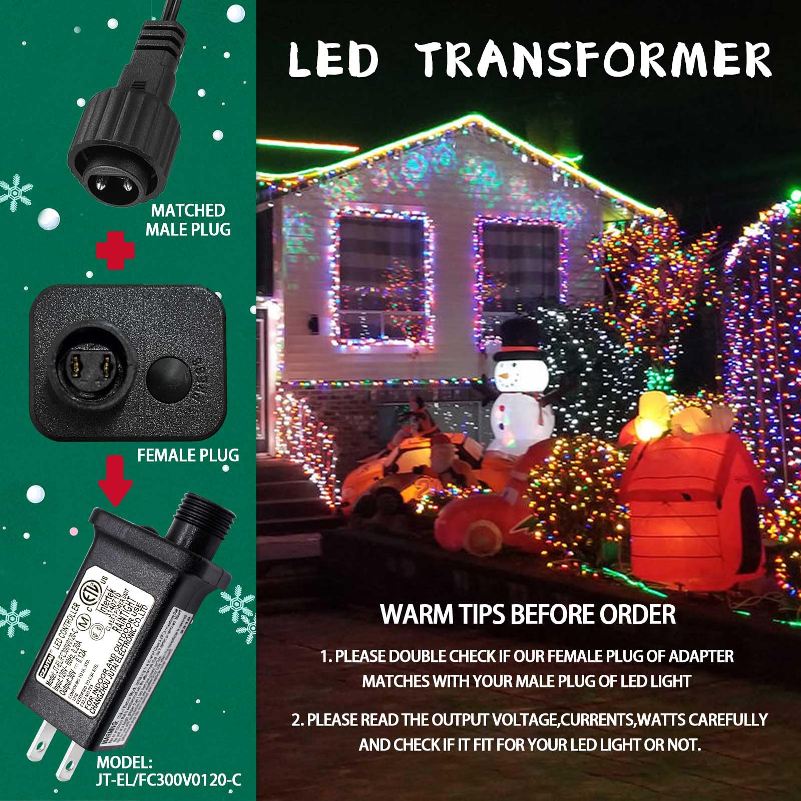 Airoads Replacement LED Transformer 30V 0.12A Power Supply Adapter for Christmas Lights - Black, Model 30V3.6W