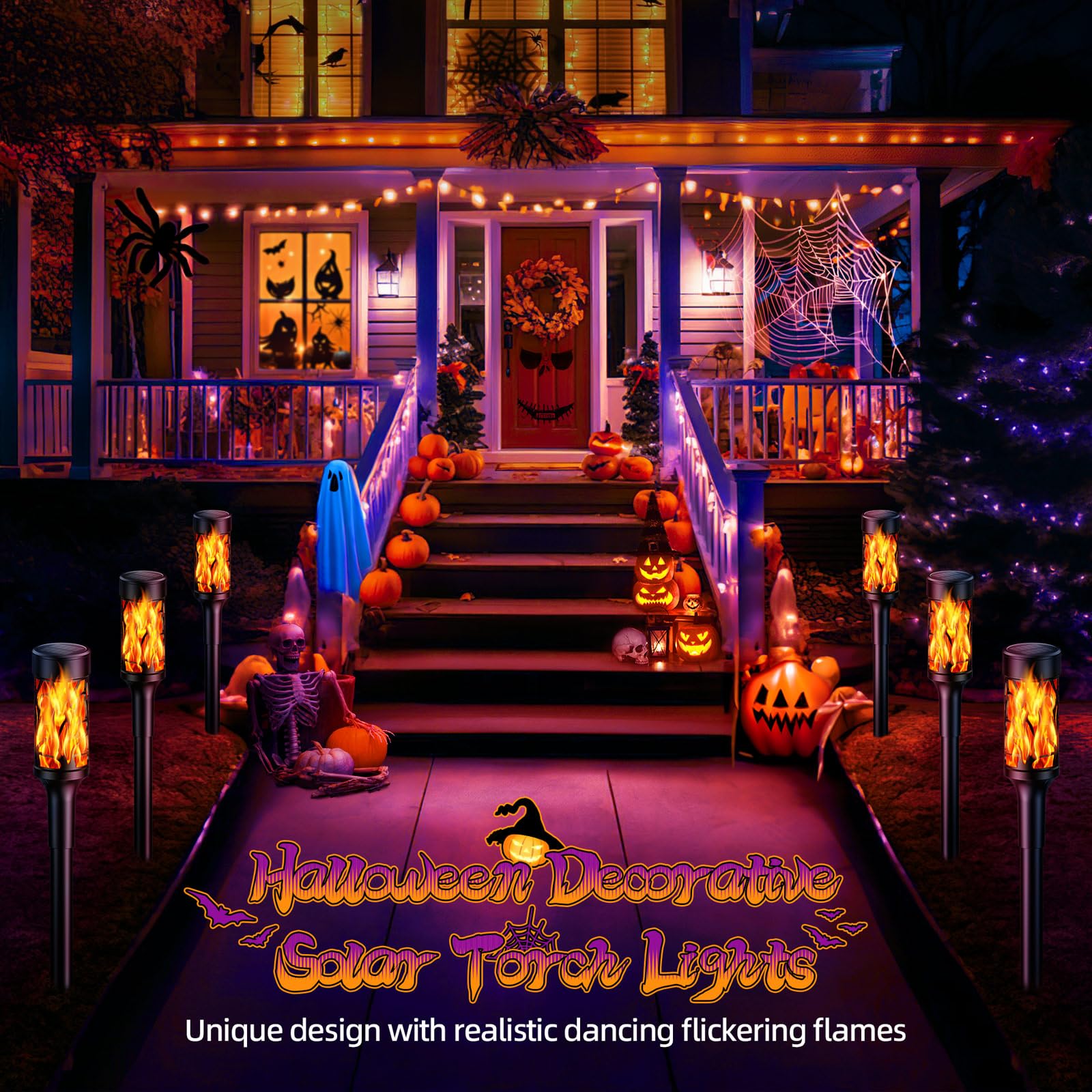 Bonlion 8 Pack Solar Torch Lights - Extra-Bright Dancing Flames For Garden, Waterproof Halloween Decor