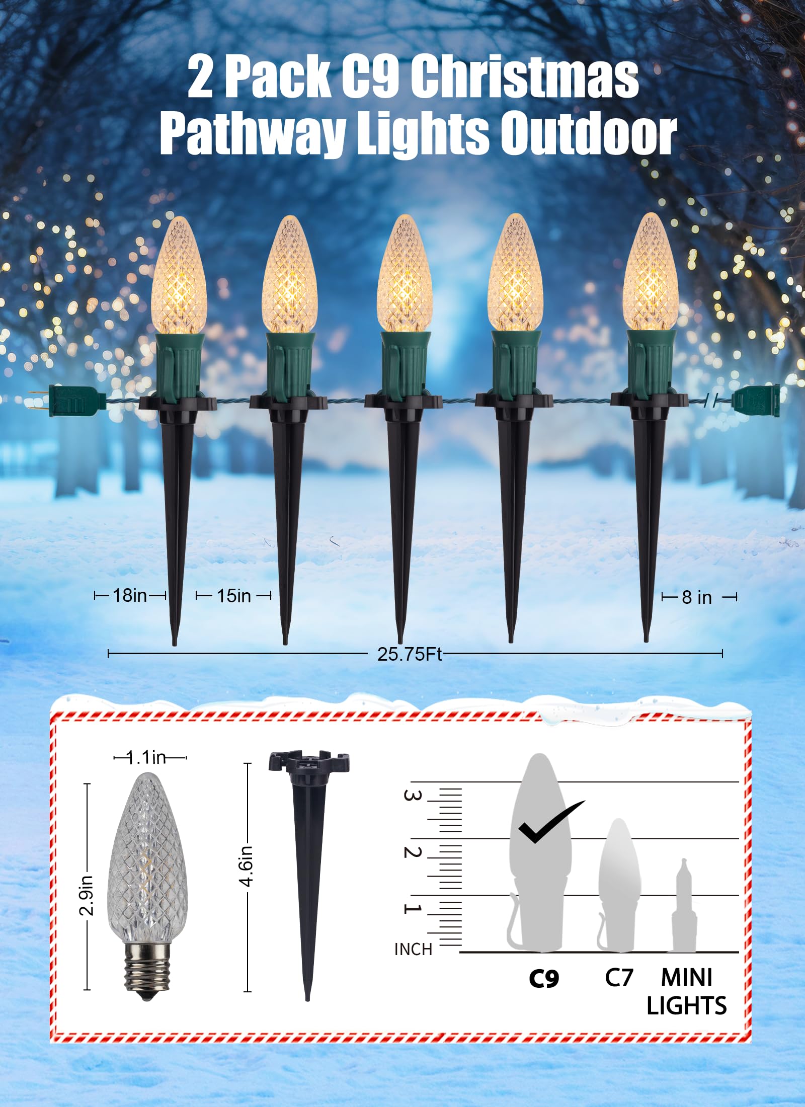 C9 Christmas Pathway Lights Outdoor, 25.7 Feet 20 Led C9 Strawberry Walkway Lights With Marker Stakes, Connectable Shatterproof