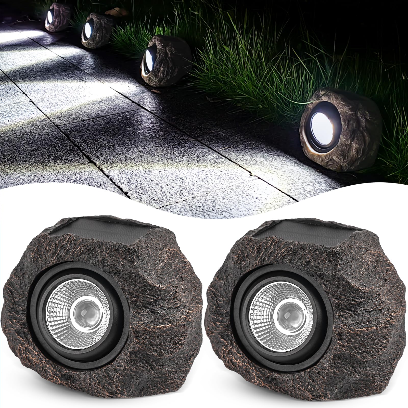 Candieslife Solar Garden Rock Lights - IP65 Waterproof LED Spotlight, 2 Pack, Bronze, Resin for Pathway and Yard