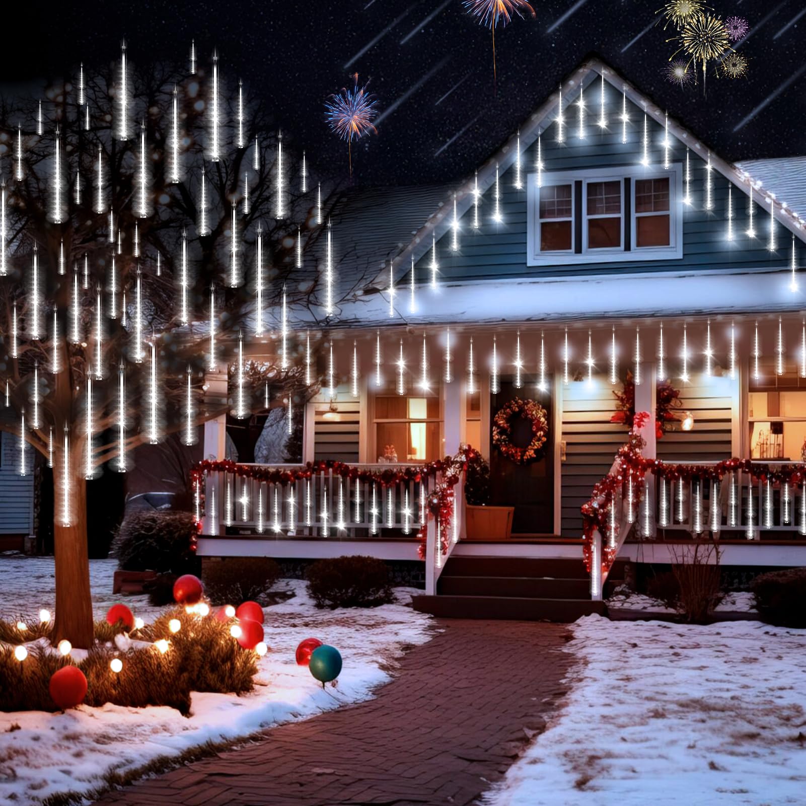 Knonew 2Pack Total 48 Tube Meteor Shower Lights 15 In 672 Leds Christmas Lights Outdoor Waterproof Plug In Falling Rain Light For Xmas Tree Wedding Party Garden Holiday Decorations (Cool White)