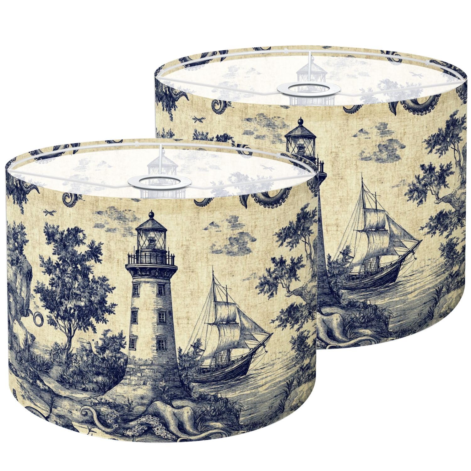 Lamp Shades Set of 2 Blue Deep Sea Toile Lighthouse Sailing Ship Octopus Tentacles Trees Drum Lampshades 8.9x11x11 for Table Lam