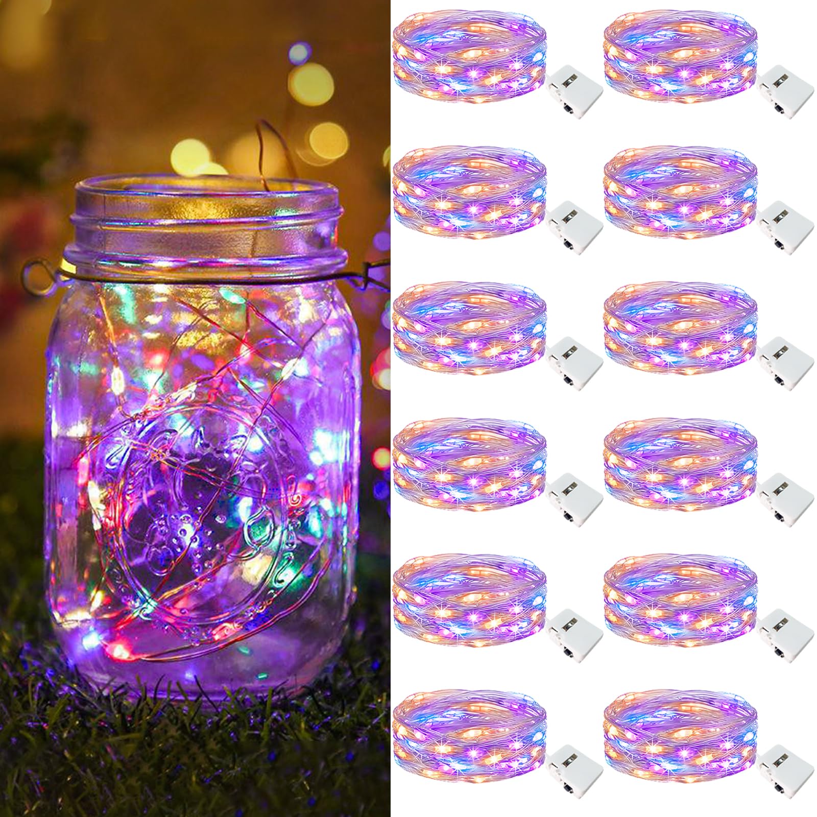 btfarm 12 Pack Fairy Lights Battery Operated [3 Modes]  7ft 20 Led Twinkle Lights String Lights Waterproof Bulk Small Mini Silver Wire for Mason Jars Vases Wedding Table Centerpiece  Colorful